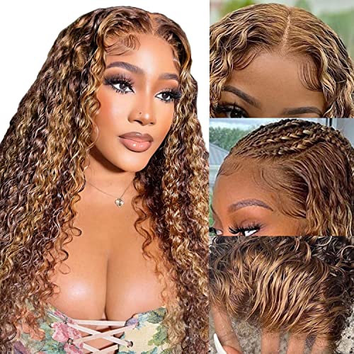Ombre Water Wave Lace Front Wigs Human Hair - Pre Plucked Deep Wave 150% Density Highlight Blonde HD Lace Wig 13×4 - 22 Inch Curly Human Hair for Black Women | Perfect for Daily Wear, Parties & Special Occasions