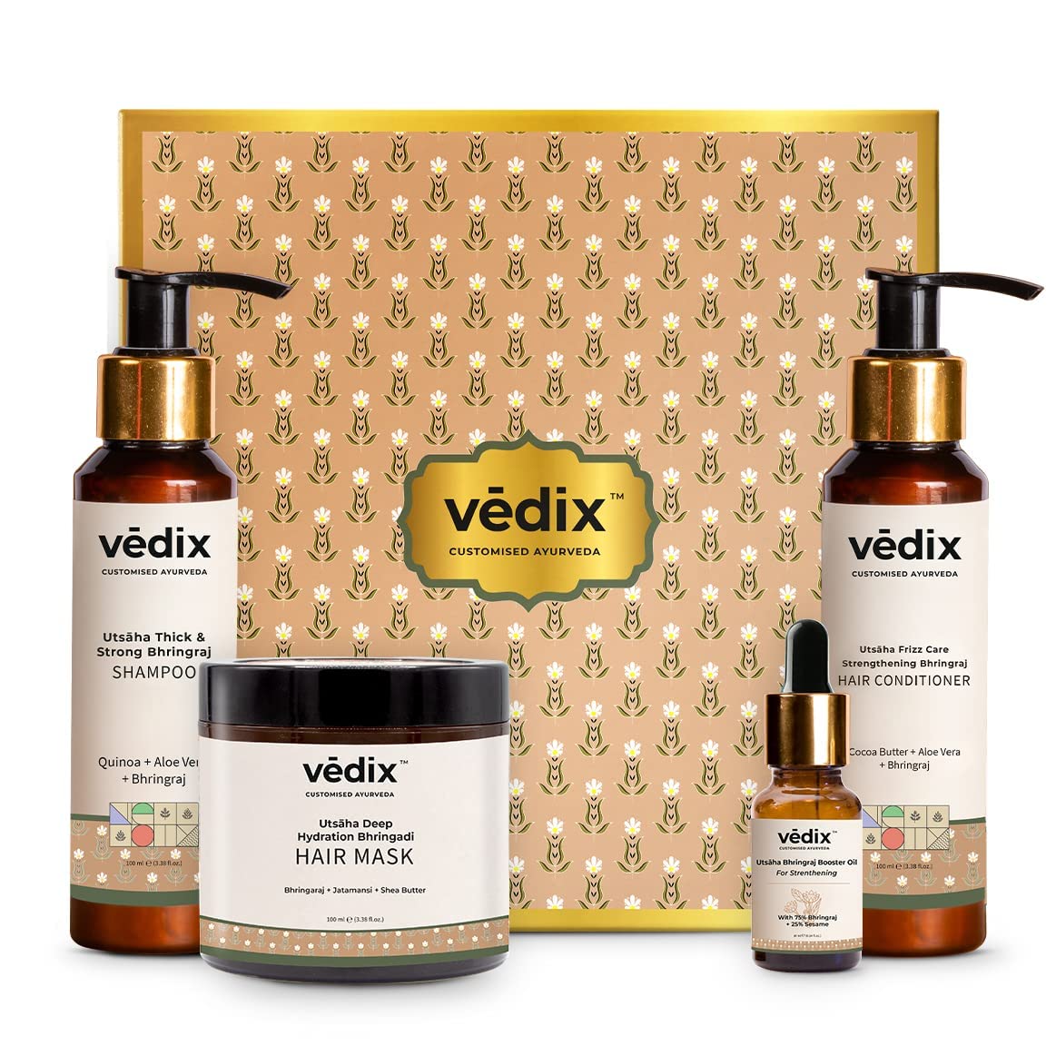 Vedix Bhringadi Ayurvedic Hair Fall Control Kit - Customized Hair Care Set with Booster Oil, Shampoo, Conditioner & Mask - 4 Piece Gift Pack (310ml) - Perfect for Daily Hair Care & Gifting