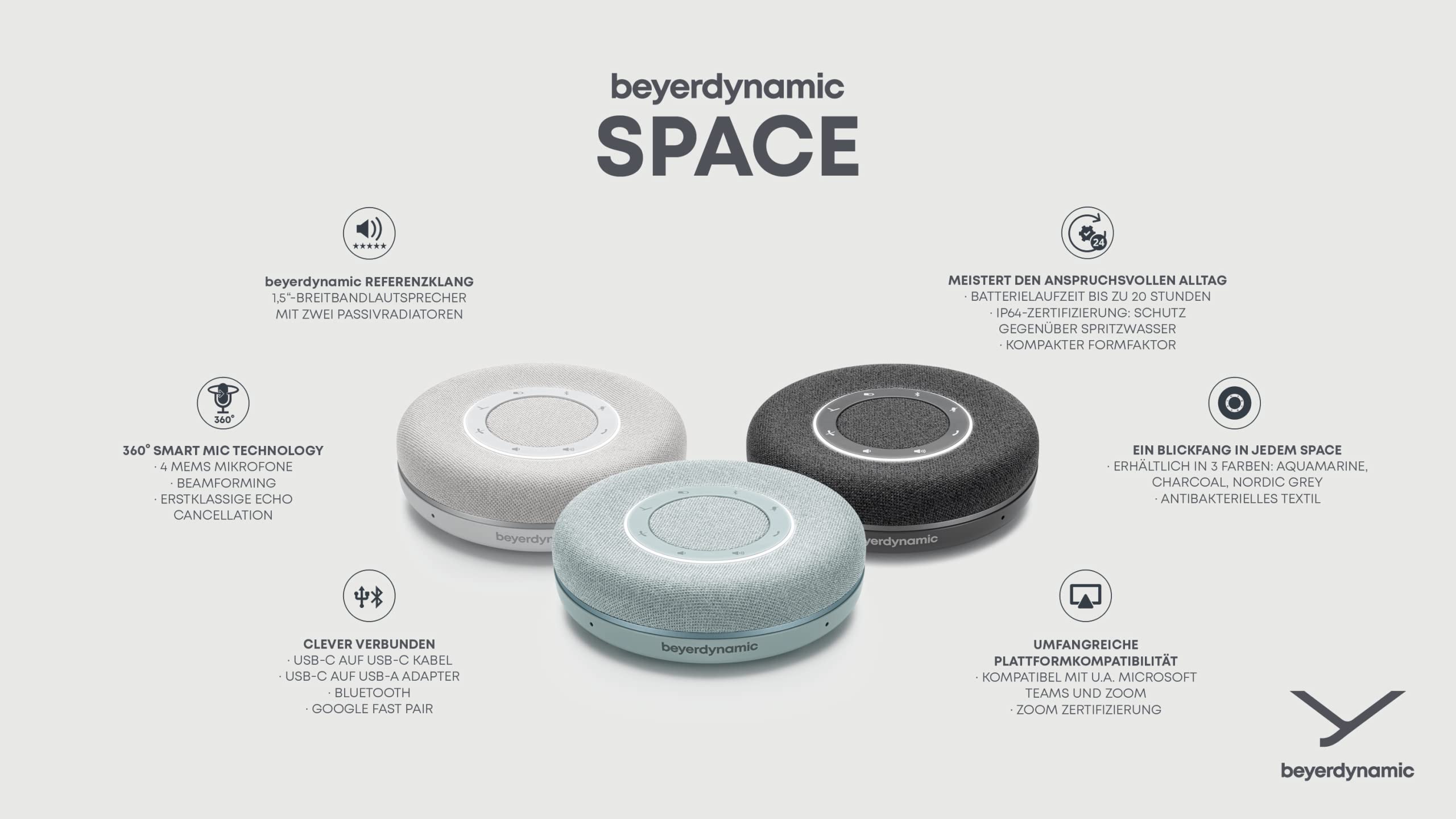 Beyerdynamic Space Personal Bluetooth/USB Speakerphone - Wireless Conference Speaker with Noise Cancellation (Charcoal) for Home Office, Video Calls & Online Meetings