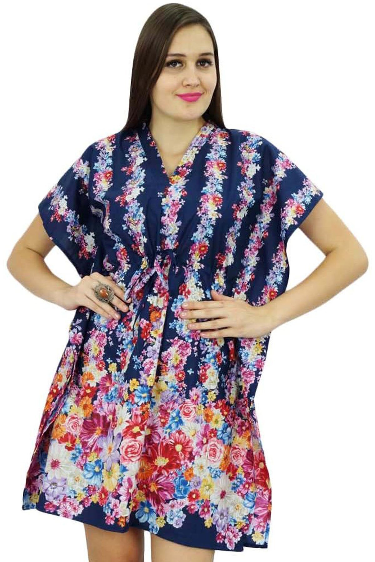 Bohemian Printed Cotton Kaftan Dress for Women - Short Sleeve Beach Tunic, Lightweight Summer Cover Up, Blue Floral Design - Perfect for Beach Vacation, Pool Party & Casual Outings