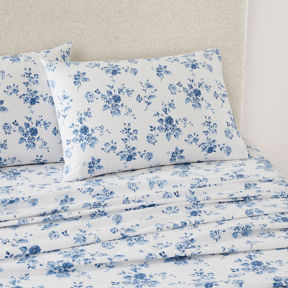 Midnight Blue Flannel Sheet Set Queen Size | Soft & Cozy China Rose Pattern | Perfect for Winter Nights & Cold Weather Bedding