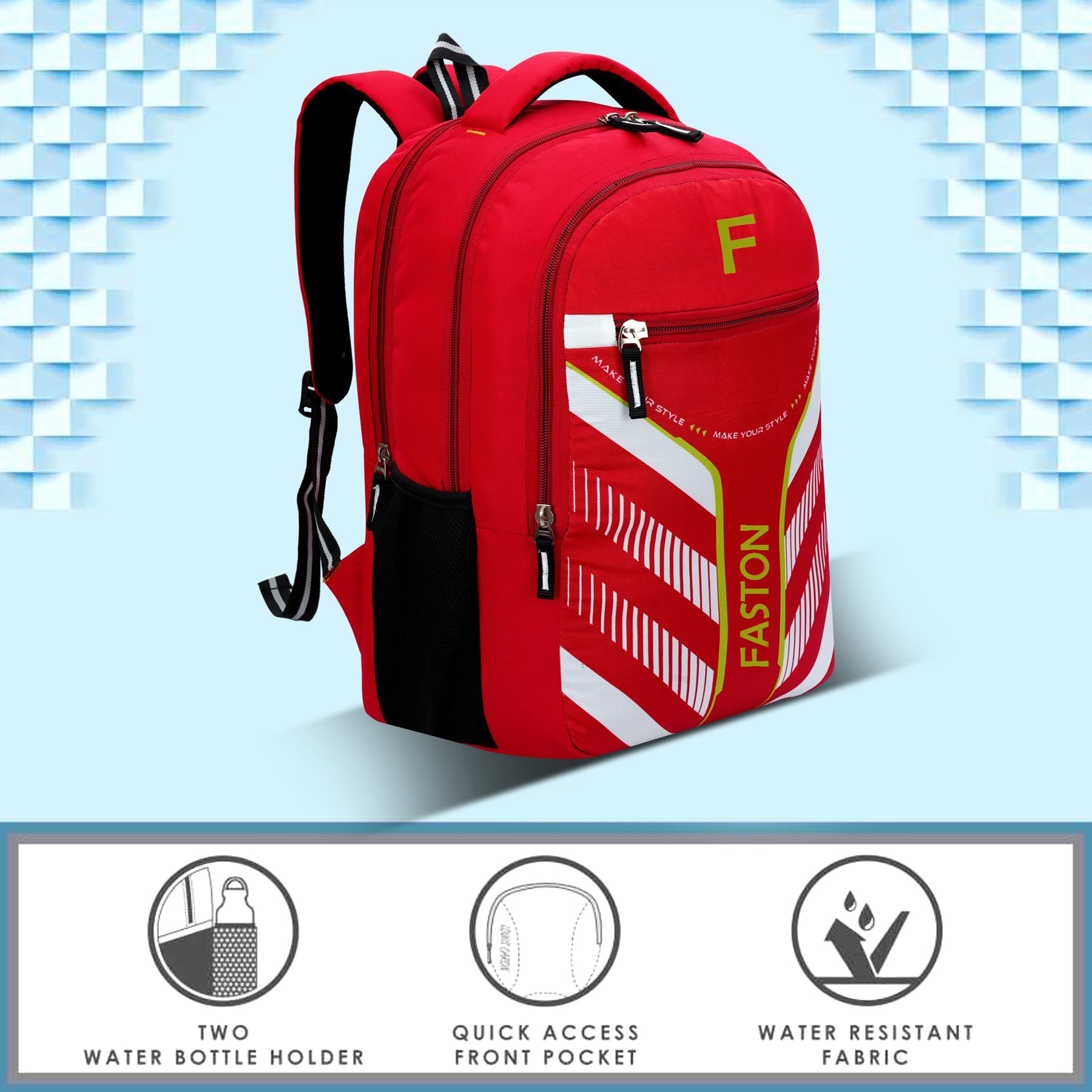 FASTON Waterproof Backpack for School, College, Work & Travel - Lightweight Durable Laptop Bag for Men, Women, Teens & Students - Perfect for Daily Commute, Hiking & Outdoor Activities (Red)