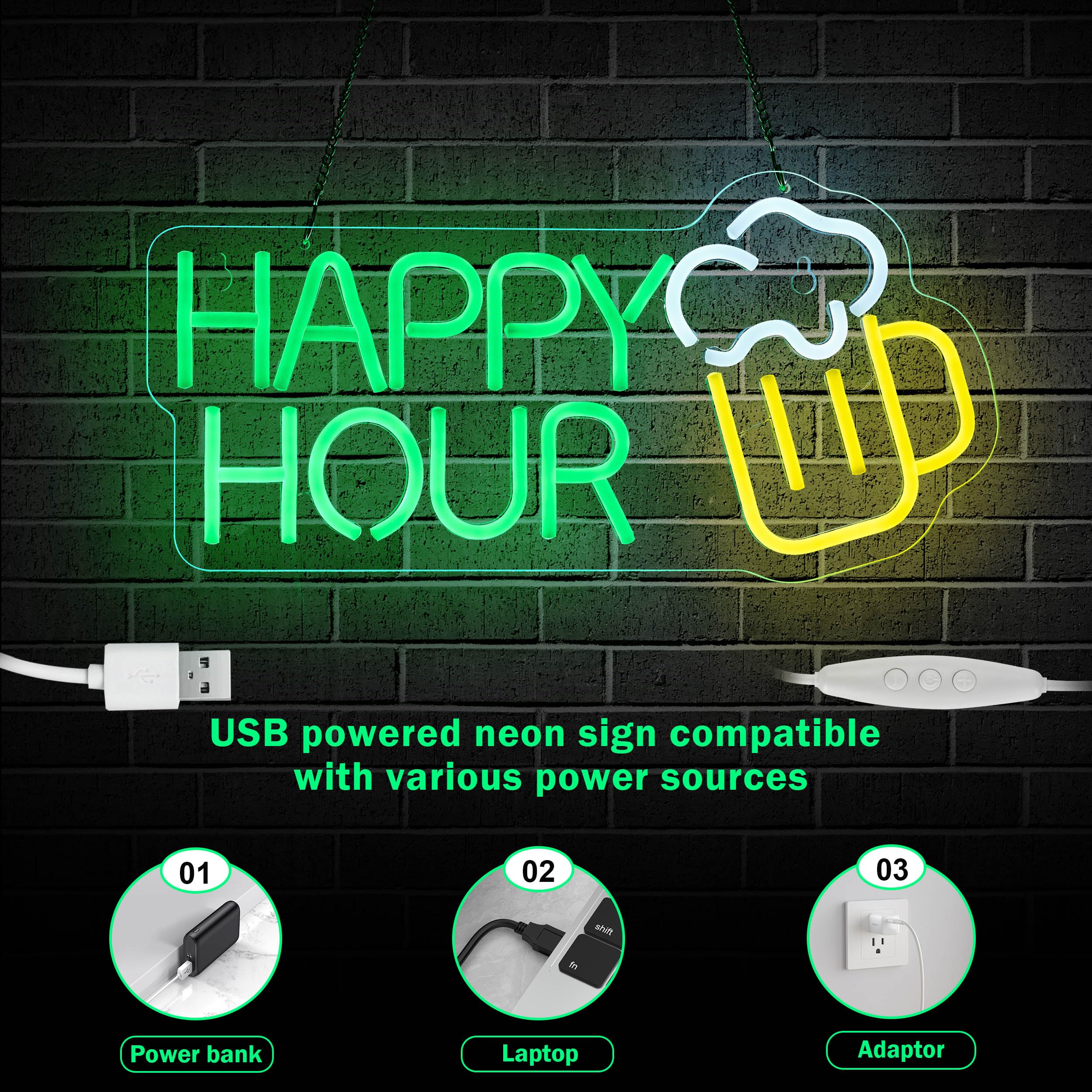 Roouneon Happy Hour Neon Sign - 17x8 Inch Dimmable LED Beer Bar Light for Club, Bedroom, Office, Hotel, Pub, Cafe, Wedding & Birthday Party Decor - Perfect for Man Cave, Wall Art & Nightlife Ambiance