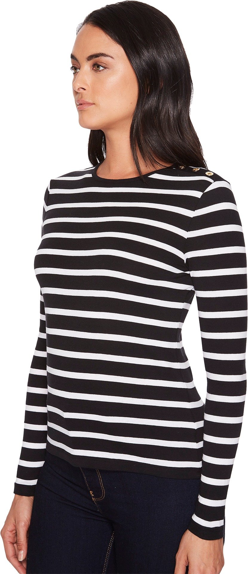 Lauren Ralph Lauren Women's Striped Button-Shoulder Top - Black & White - Size Large | Casual Office Wear & Spring Outfits