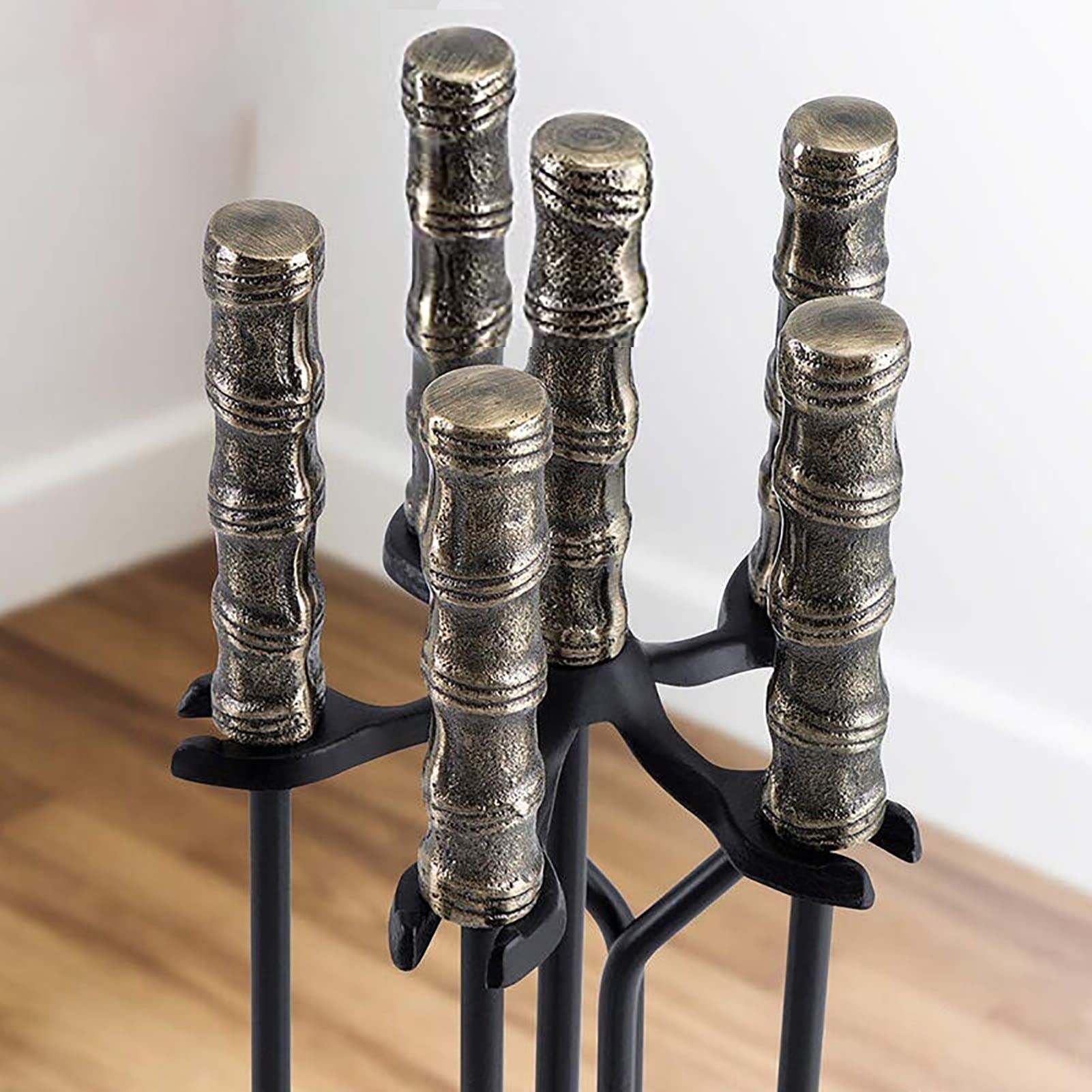 Premium MTSON 5-Piece Rustic Fireplace Tool Set with Brass Handles - Cast Iron Fireplace Accessories, Standing Design & Easy Assembly for Indoor/Outdoor Fire Pits, Fireplaces & Wood Stoves