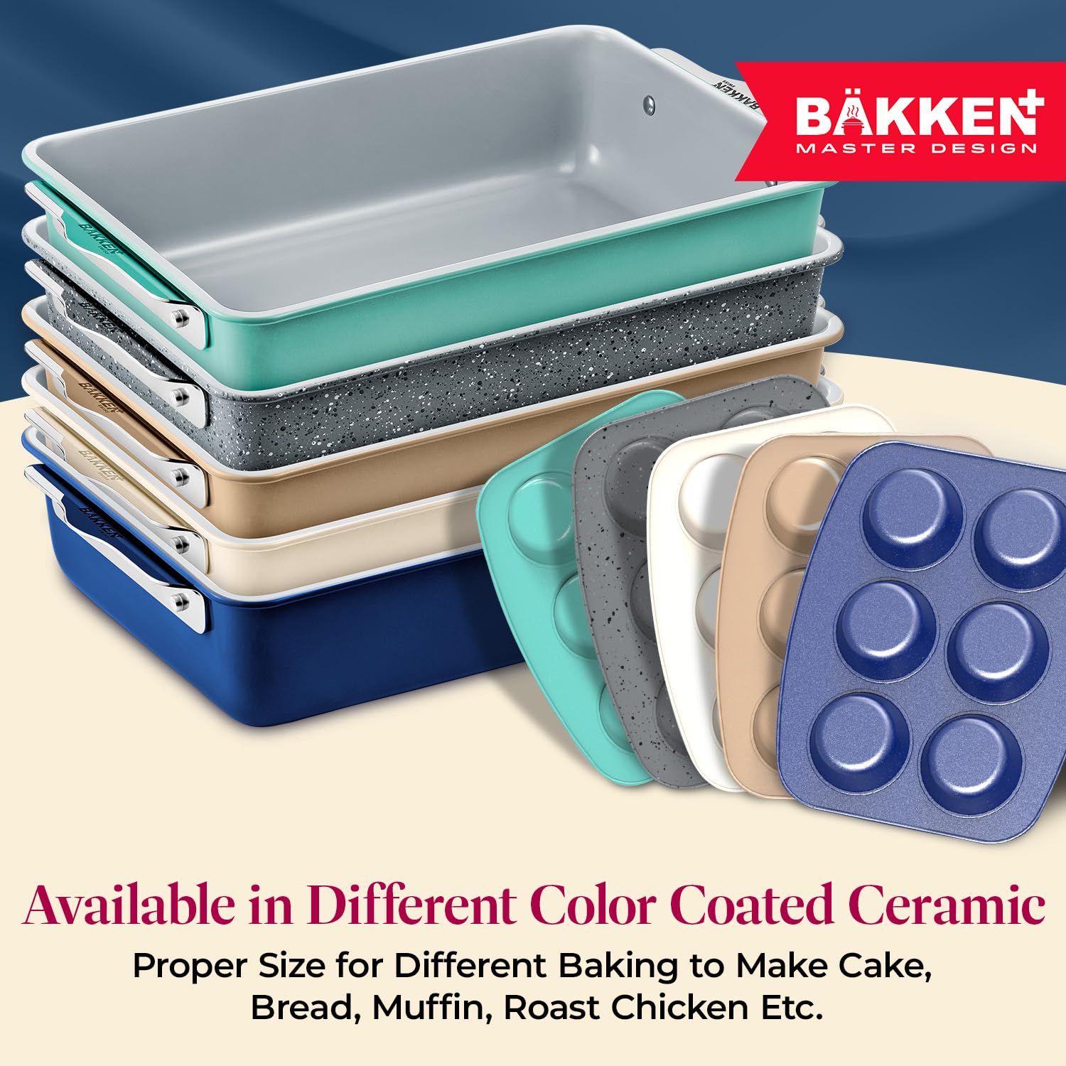 Bakken 8-Piece Stackable Bakeware Set - Non-Stick Ceramic Baking Sheets & Pans, PTFE/PFOA/PFOS Free - Oven Safe, Ergonomic Handles with Cooling Rack for Healthy Baking - Perfect for Cookies, Cakes, Bread & Party Desserts