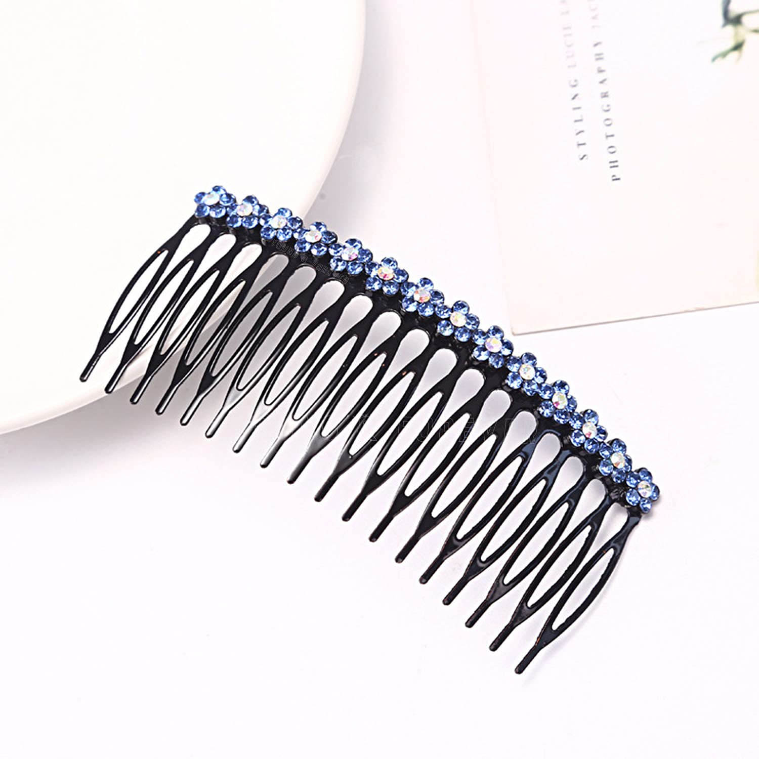 Young & Forever Blue Rhinestone Hair Side Combs for Women - 24 Teeth Plastic Decorative Hair Clips & Hairpins - Perfect for Weddings, Prom, Parties & Special Occasions