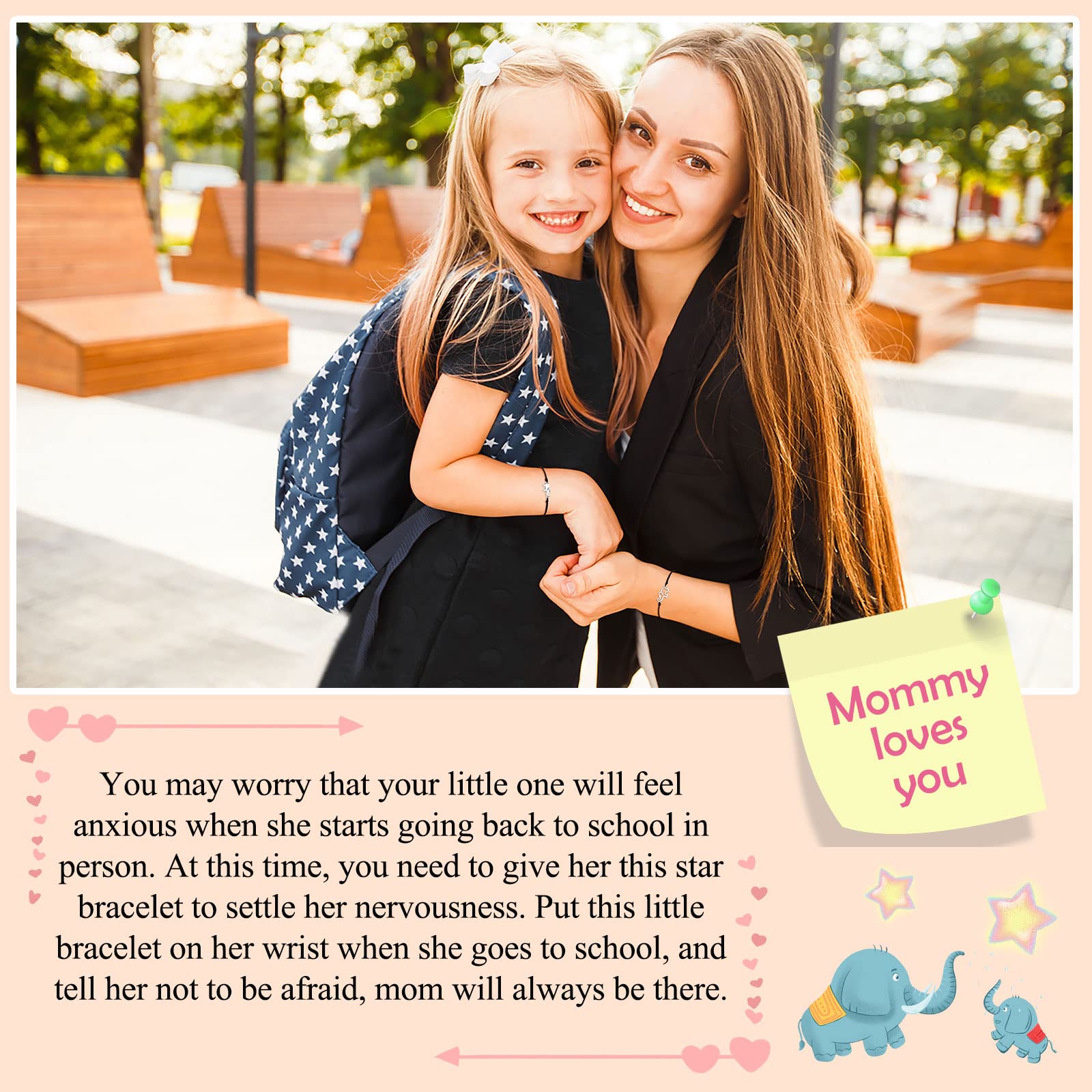 UPROMI First Day of School Bracelets Set for 2/3, Elephant Wish Bracelets for Mommy and Me - Cute Matching Bracelets for Back to School, Teacher Gifts & Special Occasions