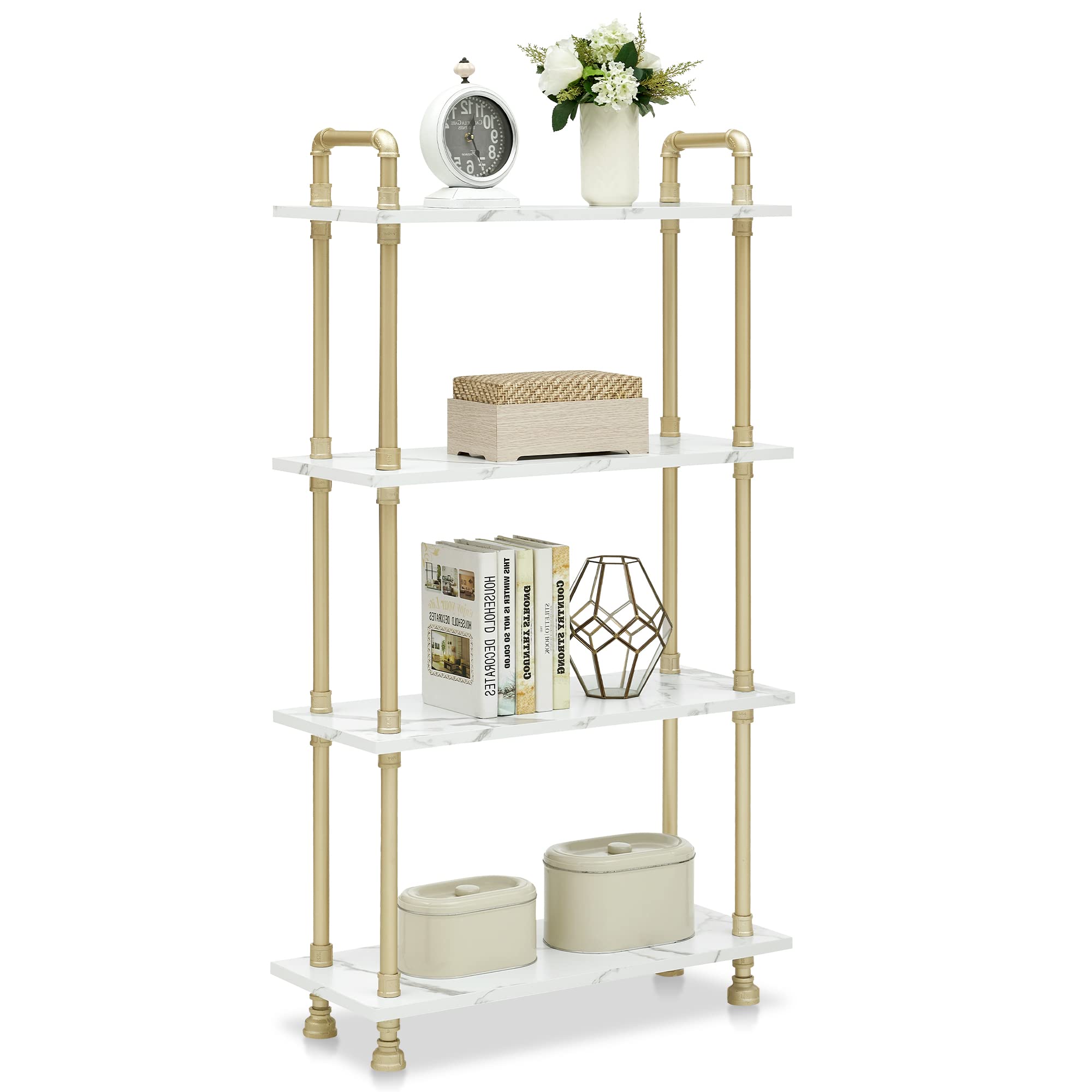 Ivinta 4 Tier Bookshelf - Modern Narrow Wood & Metal Bookcase Furniture for Living Room, Home Office - White Marble Gold Storage Shelf for Books, Plants & Home Décor | BS404WGD | Perfect for Small Spaces & Stylish Organization