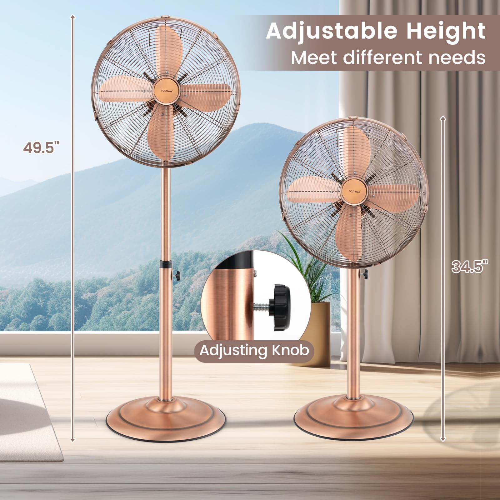 COSTWAY 16-inch Metal Pedestal Fan - Quiet High Velocity Standing Fan with 75° Oscillation, 3 Speed Settings & Adjustable Height - 4 Blade Floor Fan for Bedroom, Home Office, Shop & Outdoor Use - Durable Copper Motor