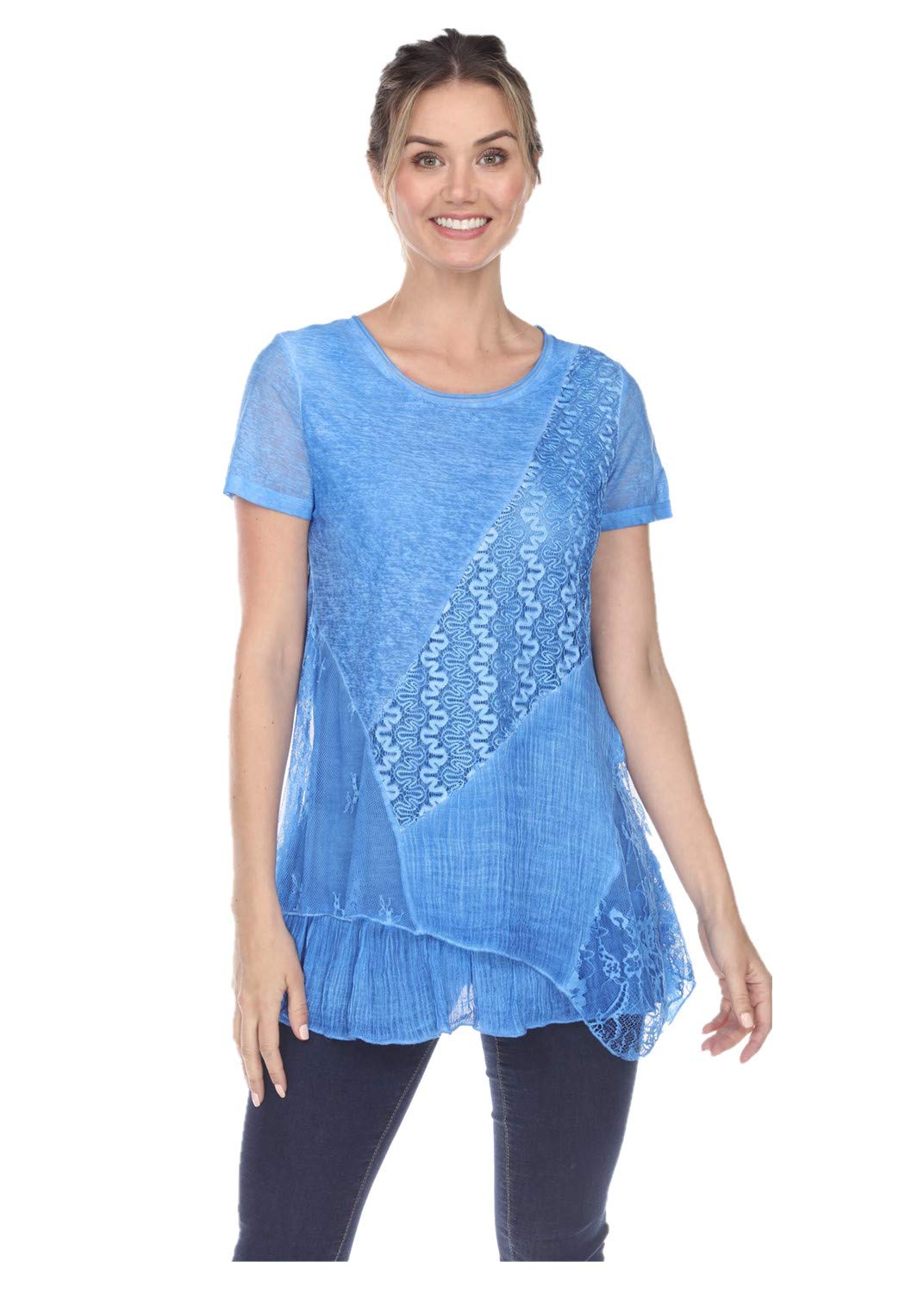 SIMPLY COUTURE Women's Plus Size Floral Lace Summer T-Shirt - Casual Short Sleeve Scoop Neck Blouse for Beach, Vacation & Everyday Wear