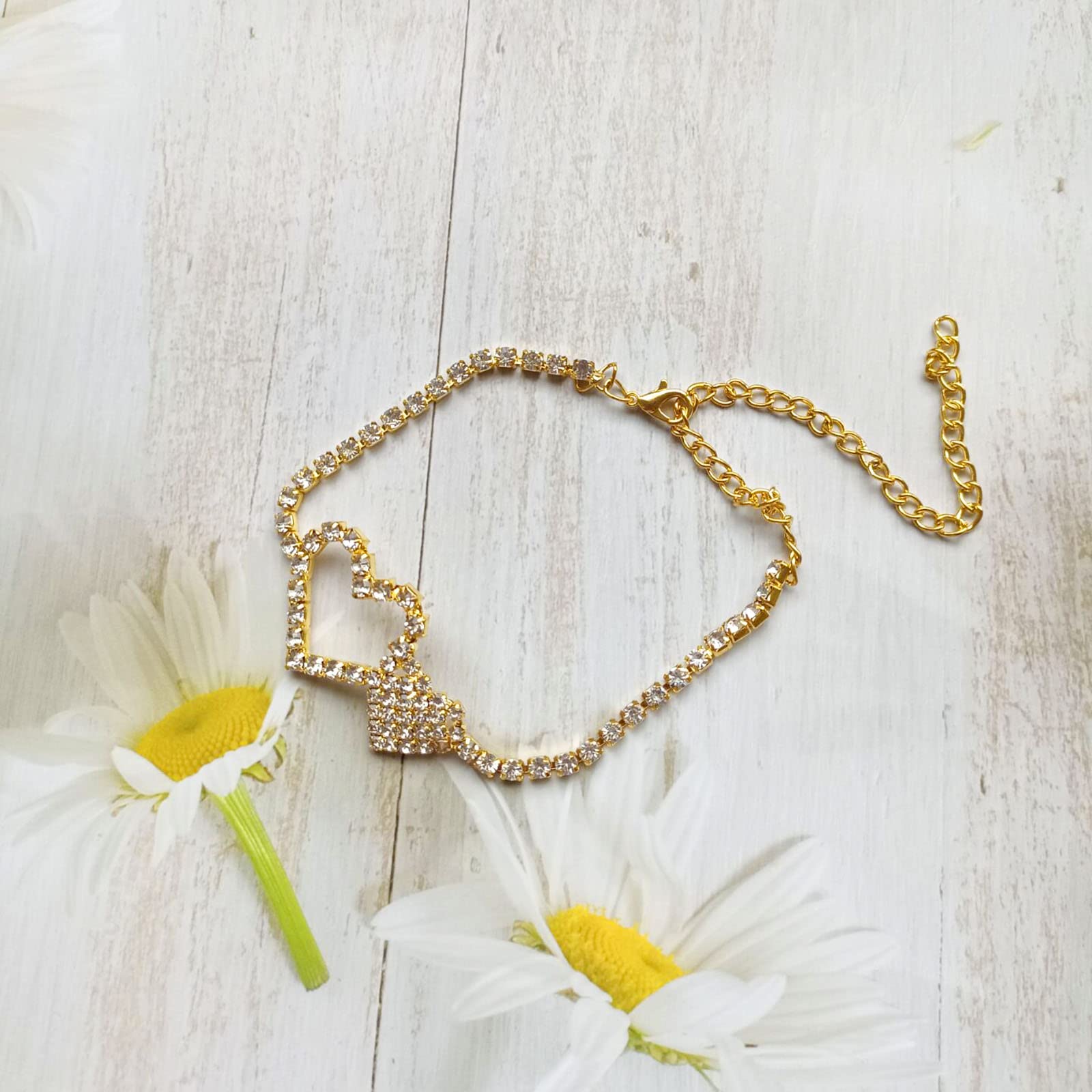 Dishowme Rhinestone Heart Anklet Bracelet - Adjustable Crystal Lariat Foot Chain for Women & Girls - Perfect for Beach, Summer, Boho Fashion & Barefoot Jewelry