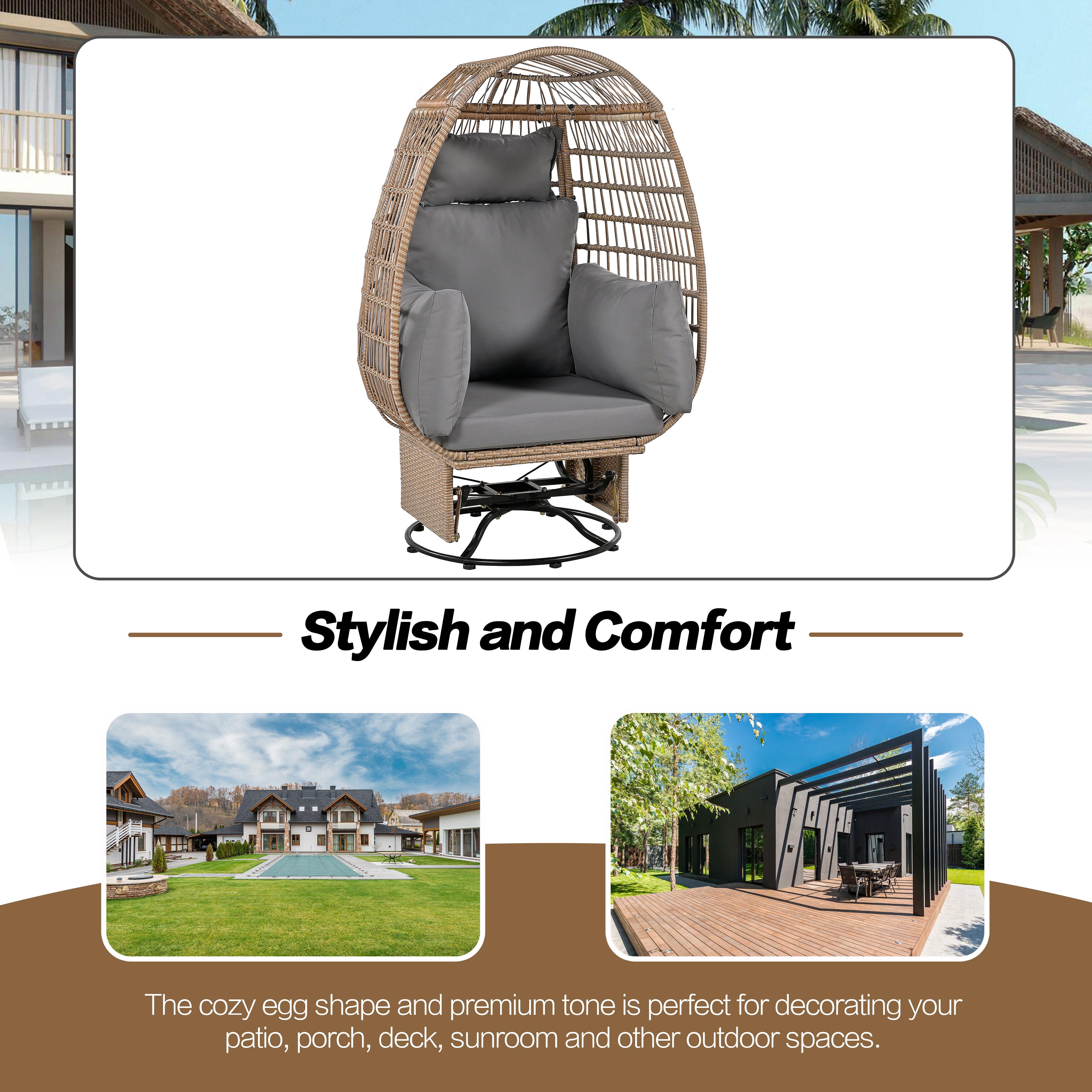 Outdoor Swivel Rocking Chair with Cushions - Rattan Egg Patio Chair for Balcony, Poolside, Garden - Perfect for Relaxing, Lounging & Sunbathing