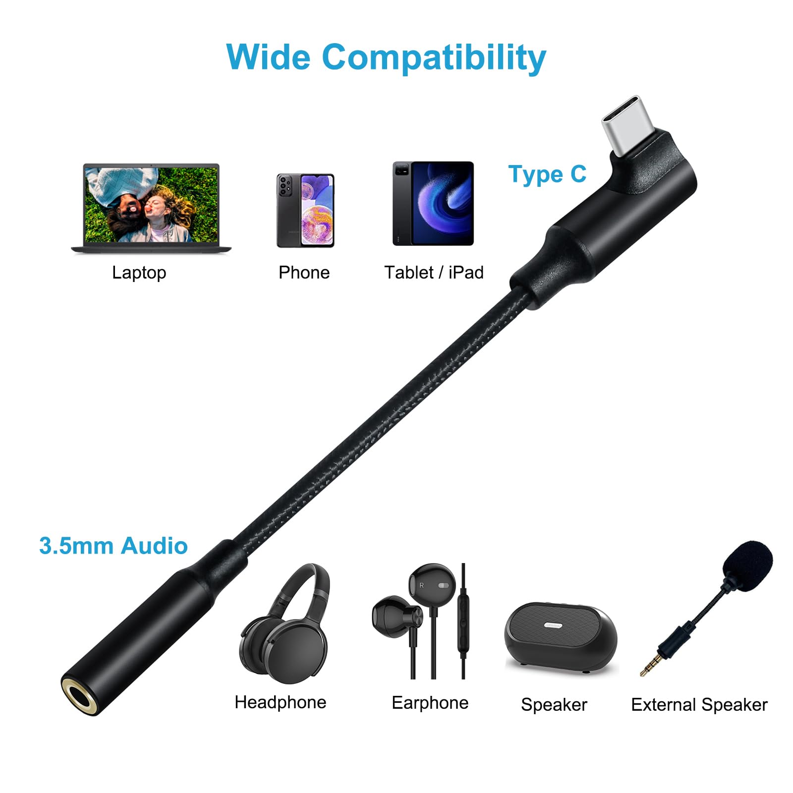DCHAV USB-C to 3.5mm Audio Adapter with DAC Chip - Angled USB Type C Male to 3.5mm Female Headphone Jack Aux Cable - Compatible with Android Phones, Tablets, Laptops, Speakers & Car Stereos (Black) - Perfect for Music, Gaming & Hands-Free Calling