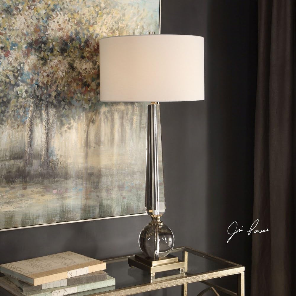 Elegant 1-Light Crystal Table Lamp with White Linen Drum Shade - 3-Way Switch - Perfect for Bedroom Nightstand, Living Room End Table, or Office Desk Lighting