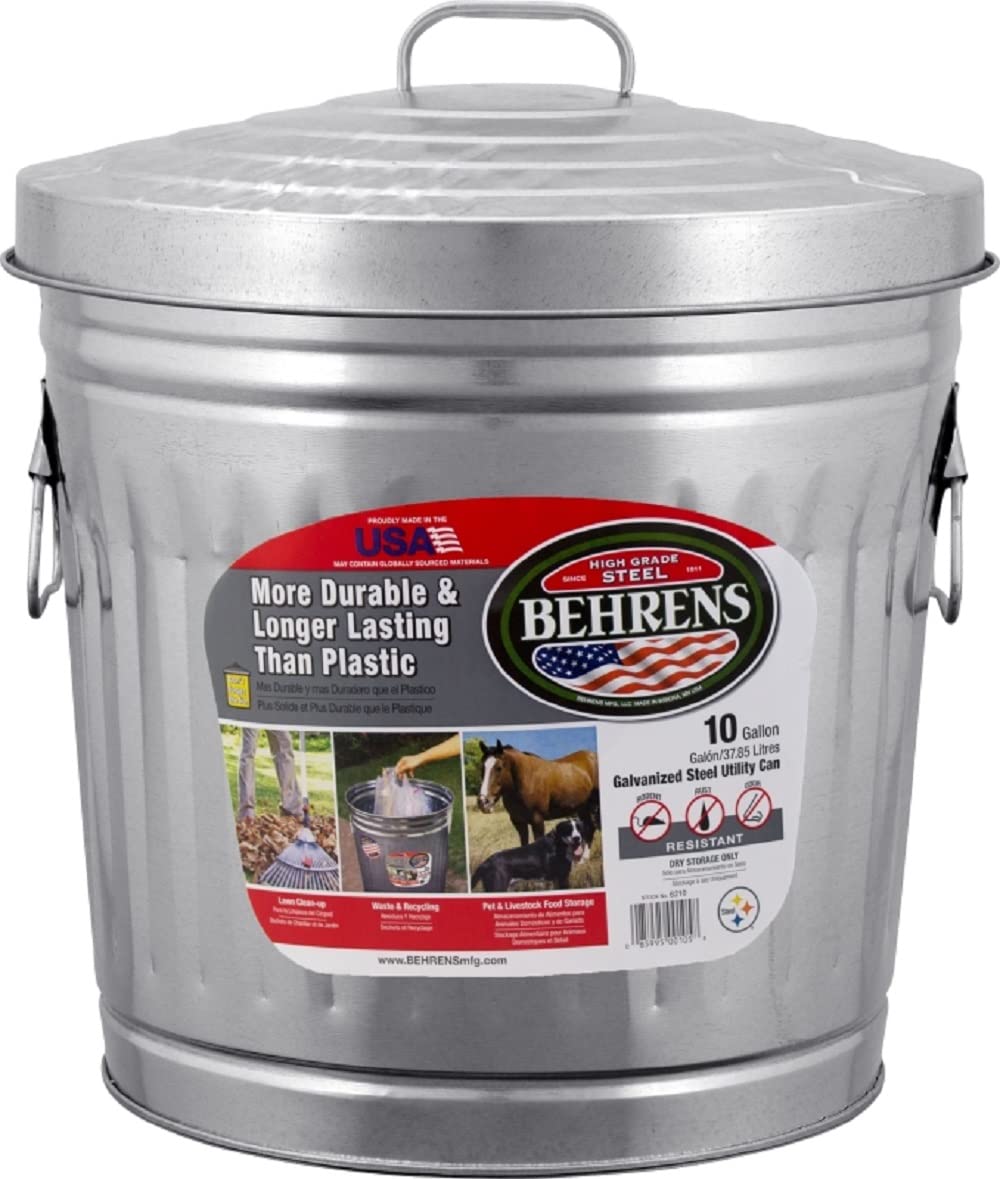 Behrens 6210 10-Gallon Galvanized Steel Trash Can - Heavy Duty Outdoor Garbage Bin for Home, Garage, Office & Commercial Use