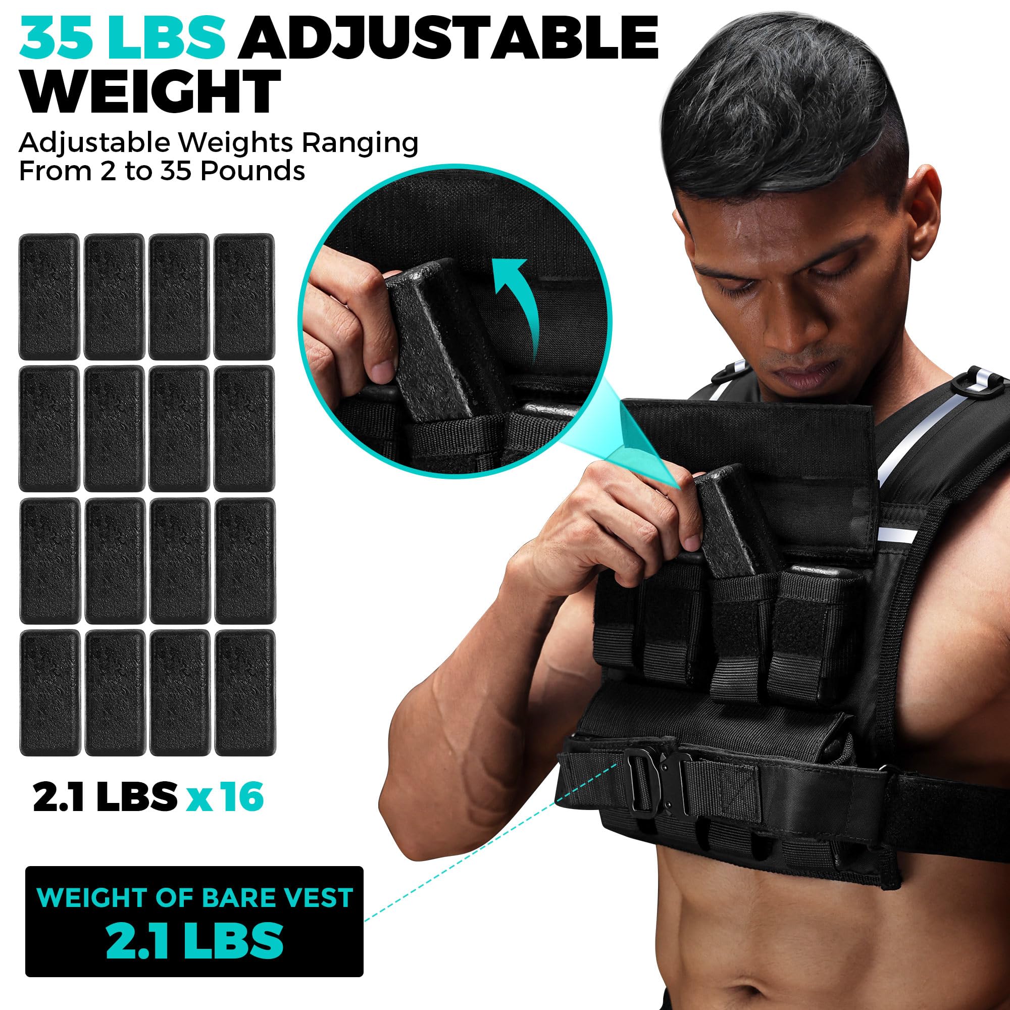 Adjustable Weighted Vest for Men 2-35 LBS - Rucking Vest with Reflective Stripe & 1.2