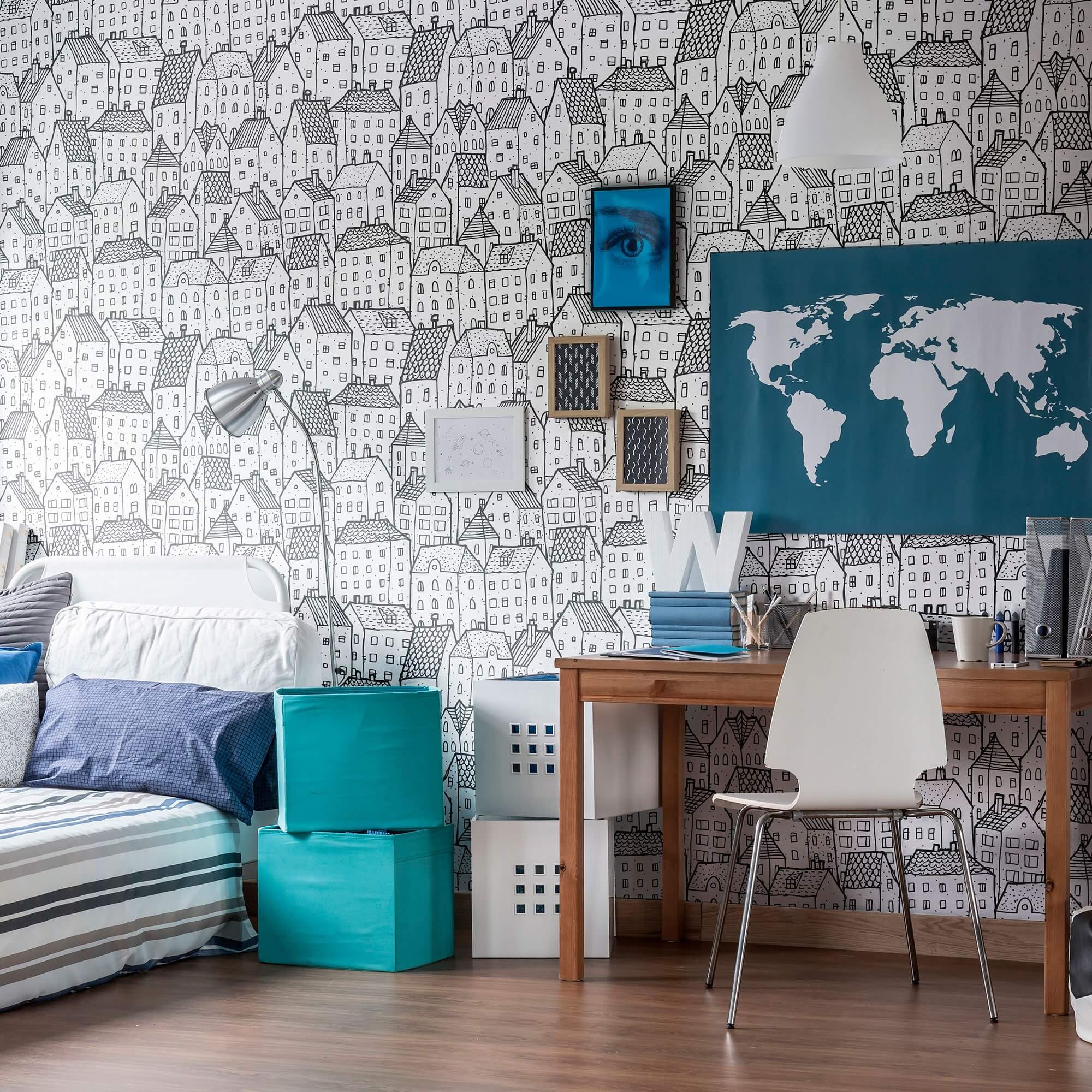 White City Themed Peel and Stick Removable Wallpaper 8163 - Self-Adhesive Decorative Wall Covering for Bedroom, Nursery & Home Office