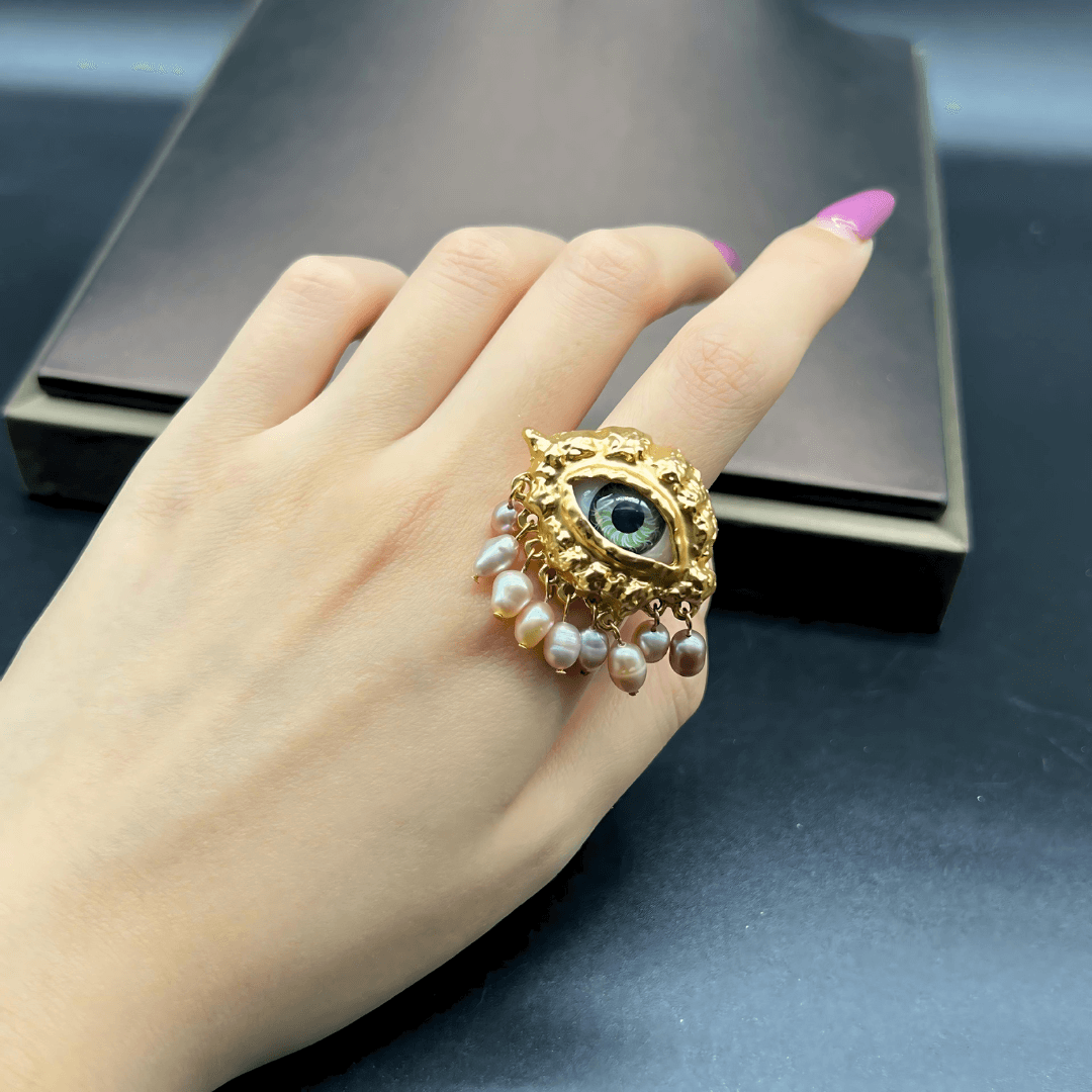 Evil Eye Cocktail Ring with Pearl Tassel - Chunky Statement Jewelry for Women | Z1973 | Perfect for Parties, Date Nights & Boho Fashion Accessories
