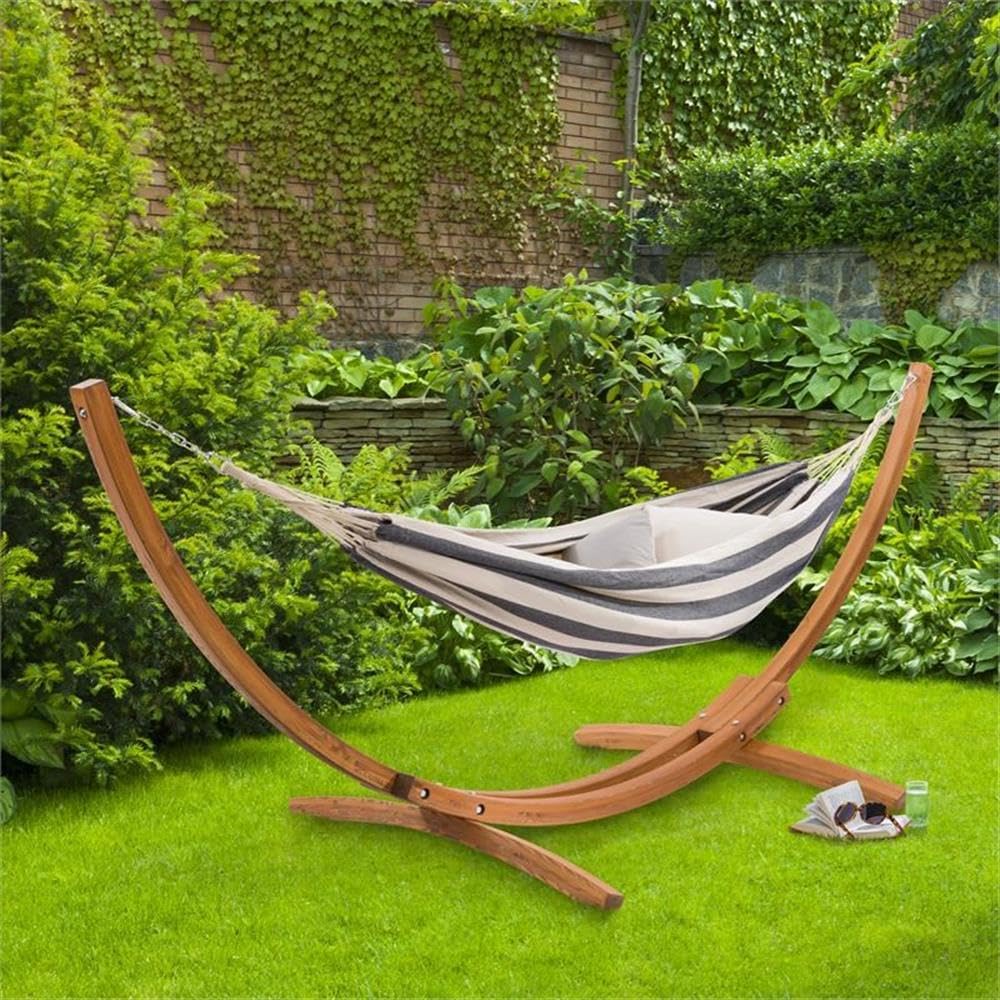 CorLiving Wood Frame Free Standing Sling Hammock - Navy Blue & White Stripes Outdoor Patio Swing for Backyard, Garden, or Poolside Relaxation