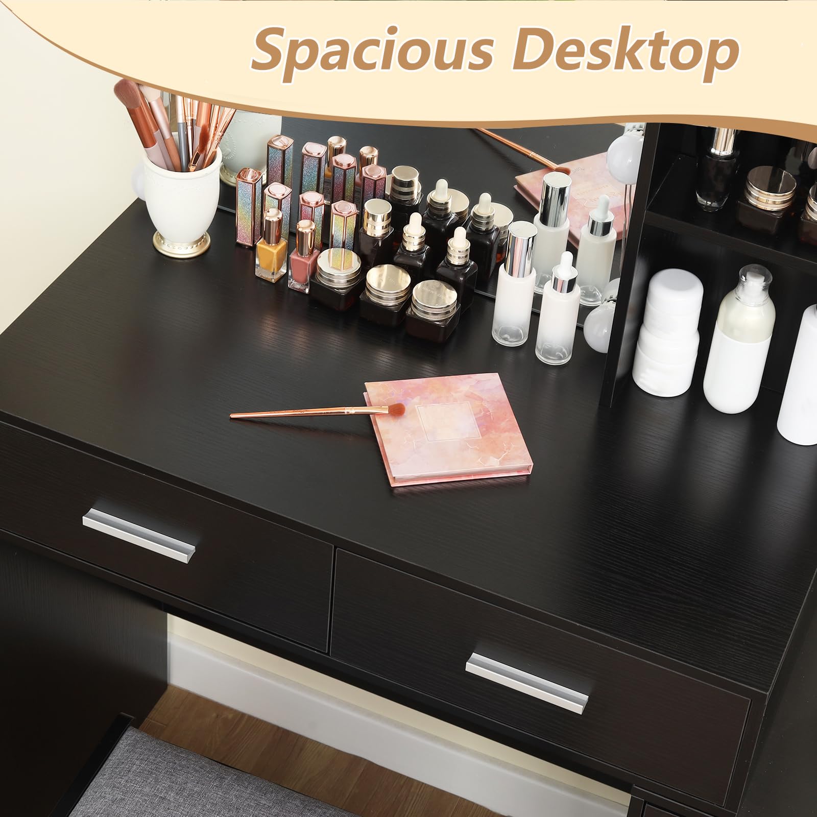 USIKEY 43.5 Inch Large LED Makeup Vanity Desk Set with Mirror, 10 Adjustable Lights, 5 Storage Drawers & Stool - Modern Dressing Table with Shelves for Women & Girls (Black) | Perfect for Bedroom, Dorm Room & Beauty Salon Organization