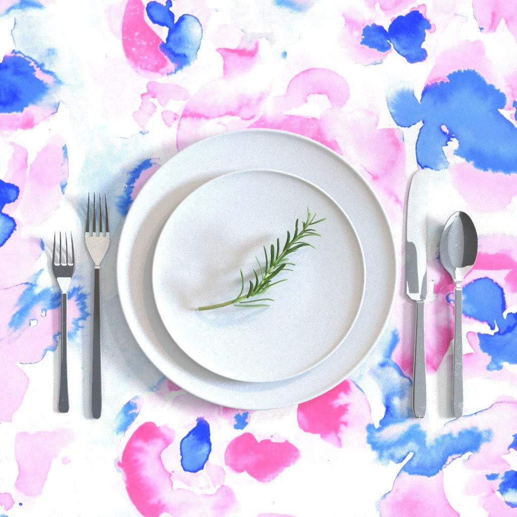 Custom Abstract Floral Watercolor Tablecloth 70x120 Inches - Light Pink & Blue Whimsical Print Cotton Sateen Table Linens for Dining Room, Wedding Decor & Special Occasions