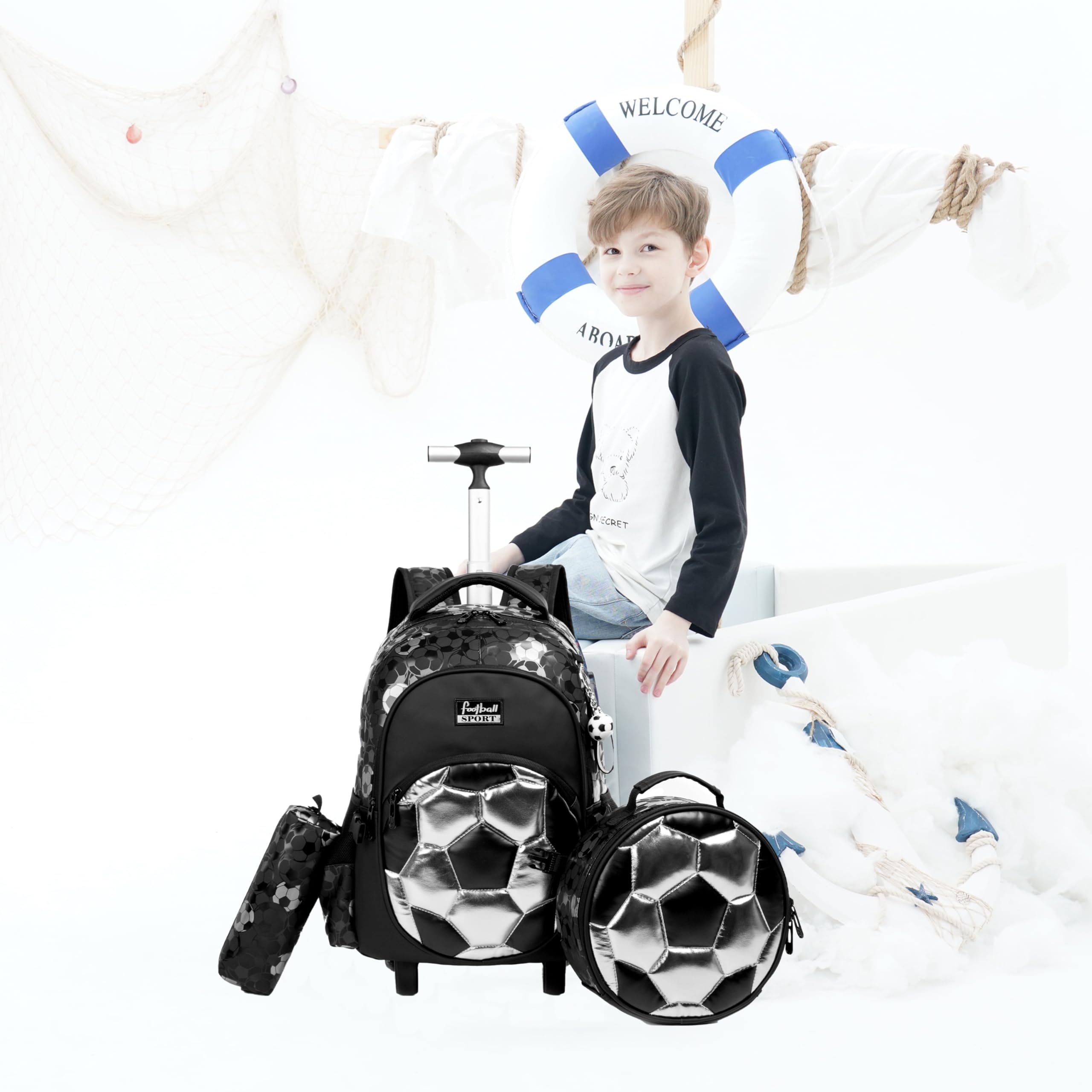 Meetbelify Rolling Backpack with Wheels for Boys - School Backpack with Lunch Box & Pencil Case for Elementary Students (Ages 6-8) - Kids Travel Suitcase for Football Games, Field Trips & Airplane Carry-On