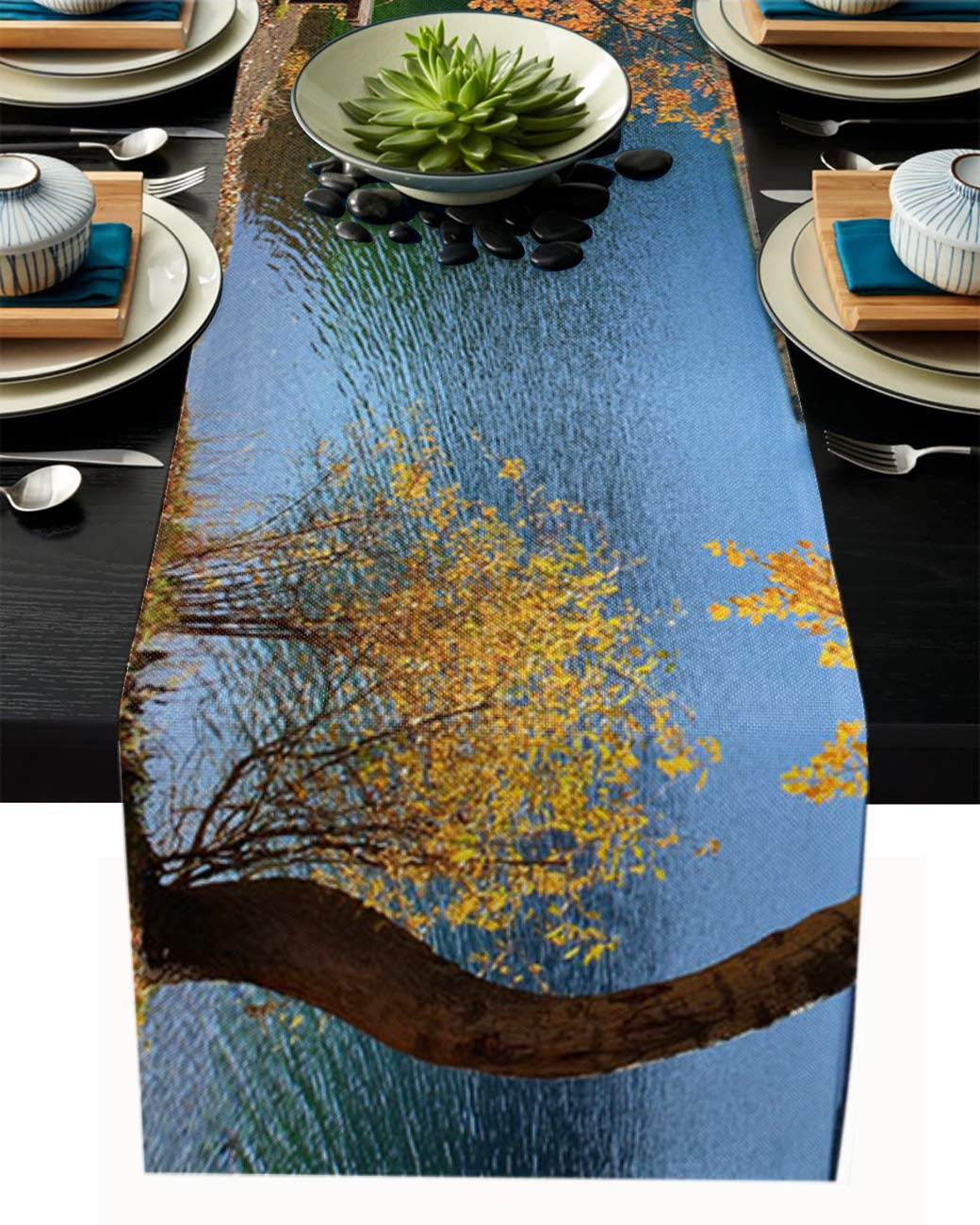 Savannan Burlap Dining Table Runner - 14x72 Inch Autumn Lake Mountain Scenery with Maple Leaves Design, Non-Slip Table Decor for Coffee Tables, Family Dinners, Parties & Gatherings | Perfect for Rustic, Farmhouse & Fall-Themed Home Decor