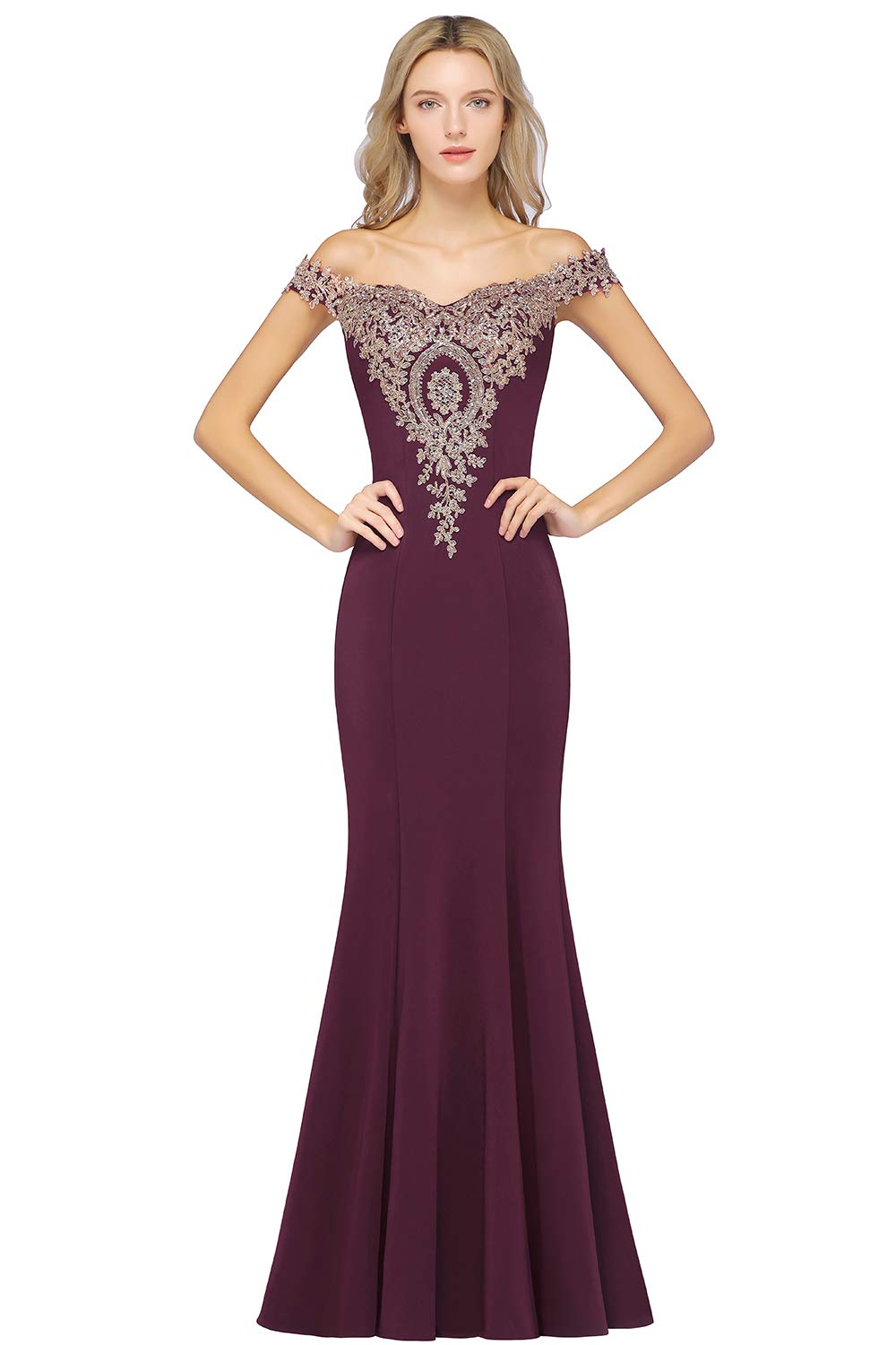 MisShow Long Gold Lace Applique Mermaid Prom Dress | Off Shoulder Formal Evening Gown for Women | Perfect for Homecoming, Wedding Guest, and Black Tie Events