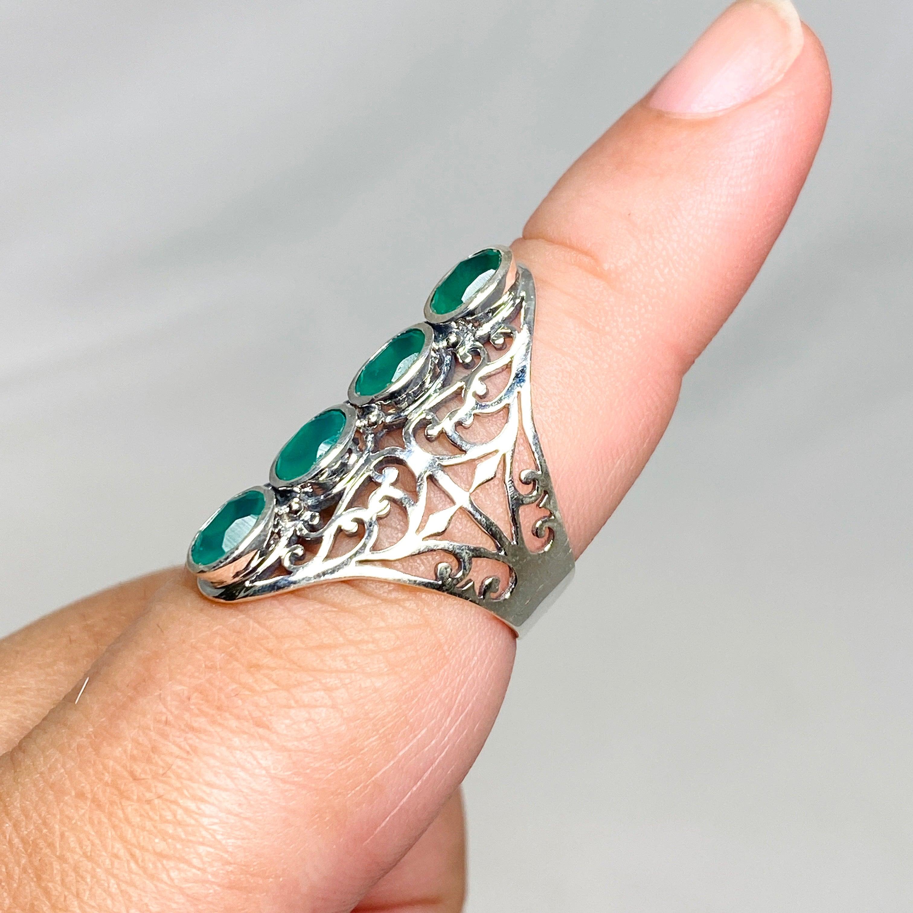 Green Chalcedony Faceted Multi-Stone Filigree Ring R3608 – Elegant Jewelry for Women, Perfect for Weddings, Parties & Special Occasions
