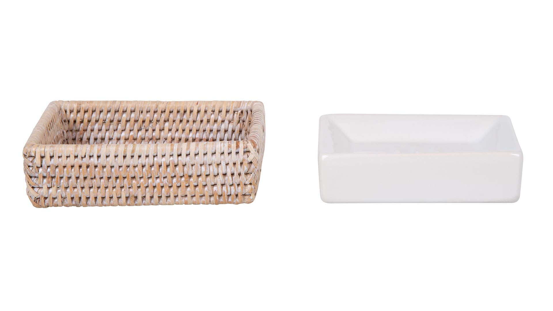 Kouboo La Jolla White-Washed Rattan Rectangular Soap Dish - Bathroom Organizer for Sink Countertop, Shower Shelf & Vanity Decor