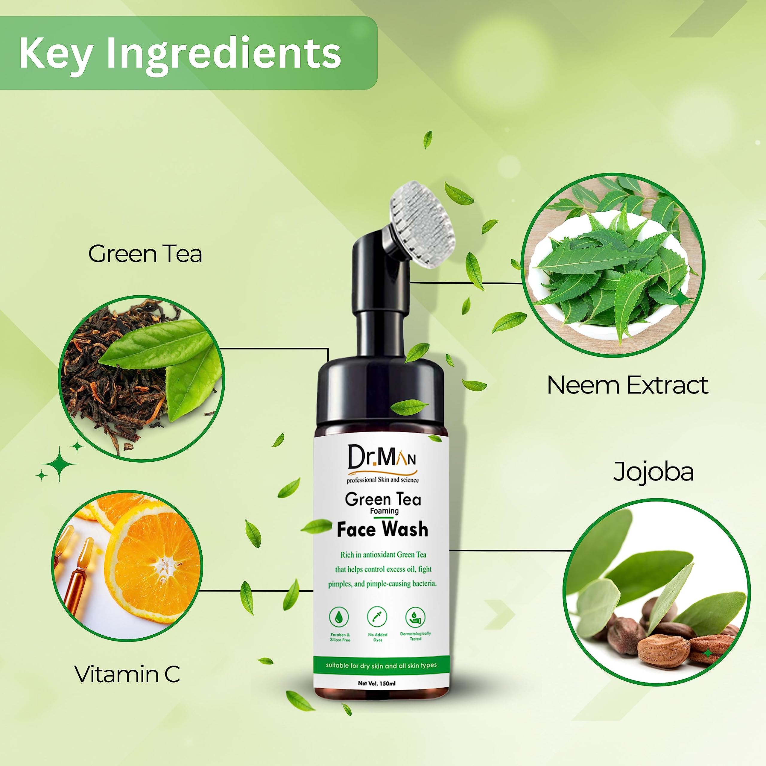 Dr.Man Professional Green Tea Foaming Face Cleanser - 150ml Deep Cleansing for Acne & Oily Skin - Gentle Daily Facial Wash for Men & Women - Perfect for Morning & Night Skincare Routine