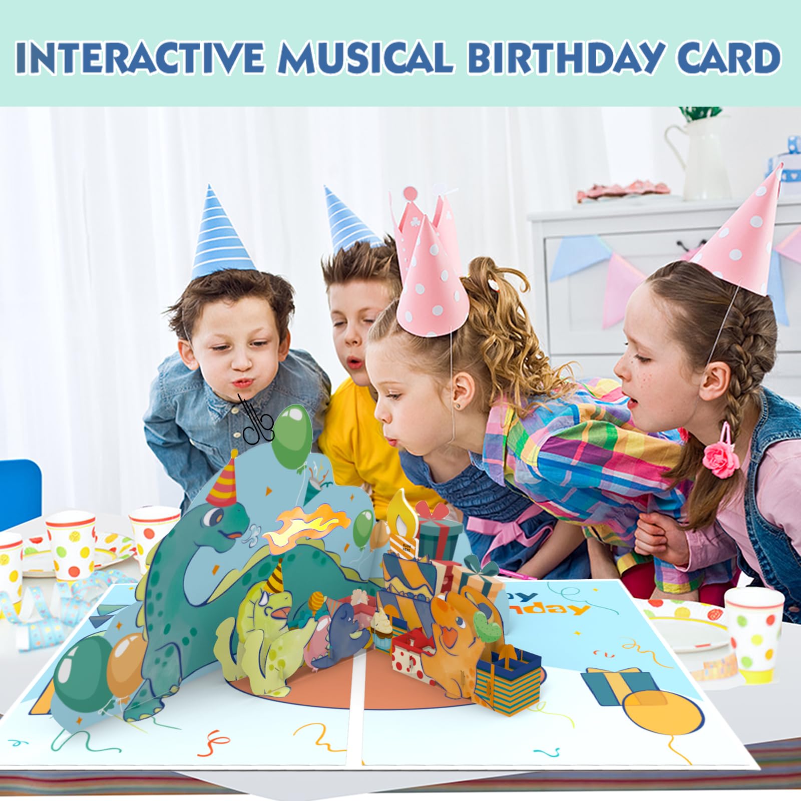 Ecloverlife Pop Up Musical Birthday Card for Boys - Blowable Dinosaur Card with Lights, Perfect Gift for 3-8 Year Old Sons & Kids | Great for Birthday Parties, School Events & Special Celebrations