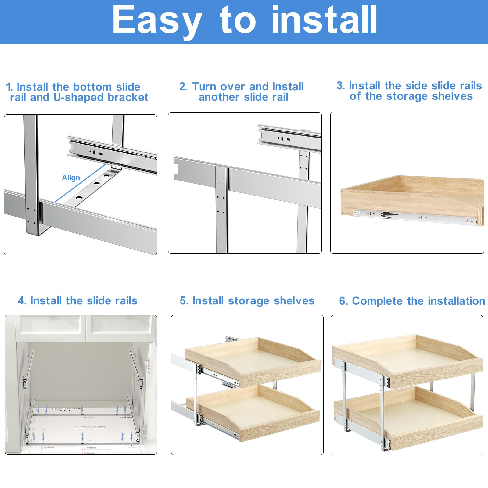 ROOMTEC 2-Tier Pull Out Cabinet Organizer - Double Layer Slide Out Wooden Kitchen Cabinet Organizer with U-Bracket - Under Sink & Pantry Storage Solution (16.5