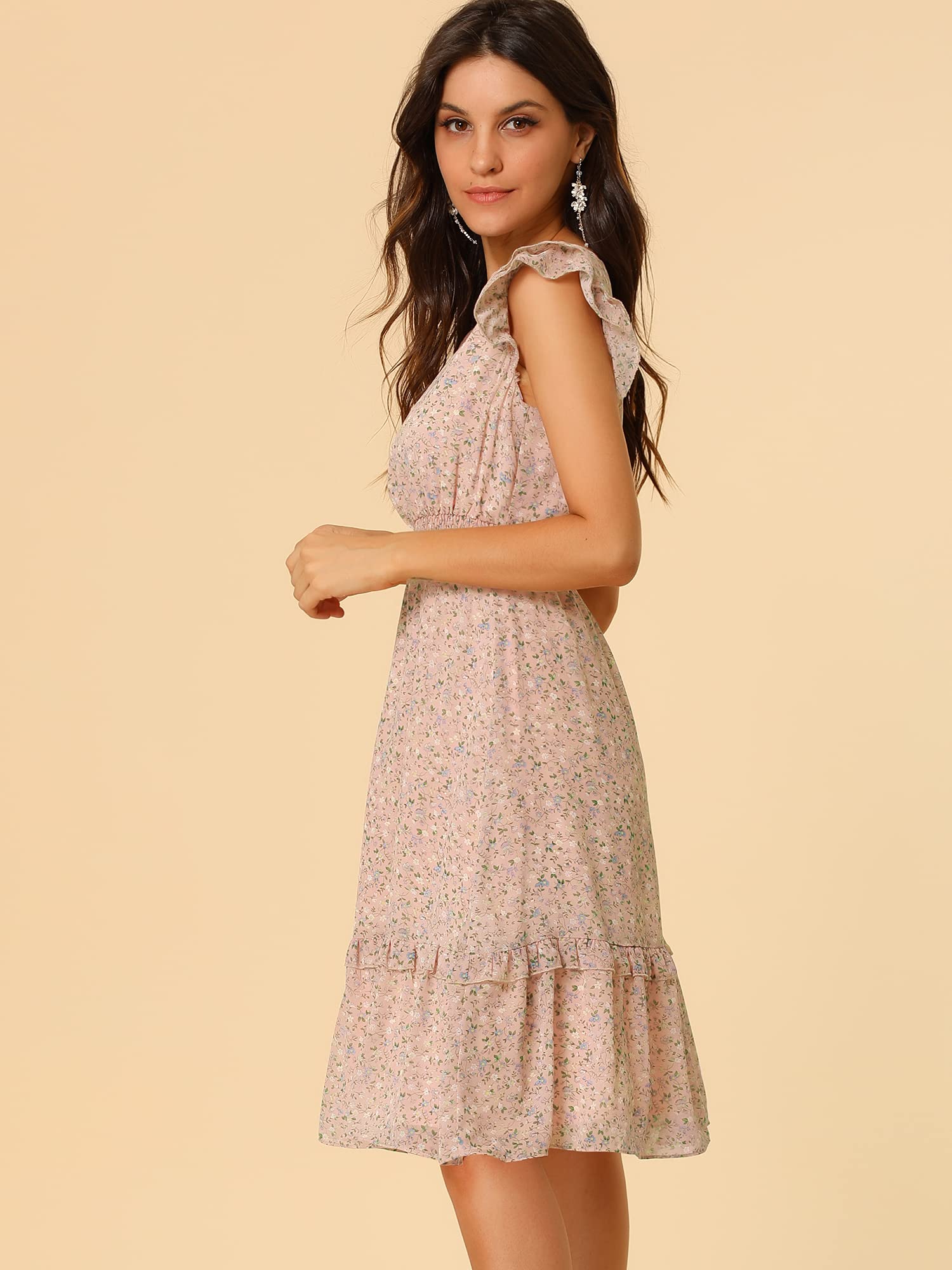 Allegra K Women's Floral Print Summer Dress with Flutter Sleeves, V-Neck & Smocked Waist - Perfect for Beach Vacations, Garden Parties & Date Nights