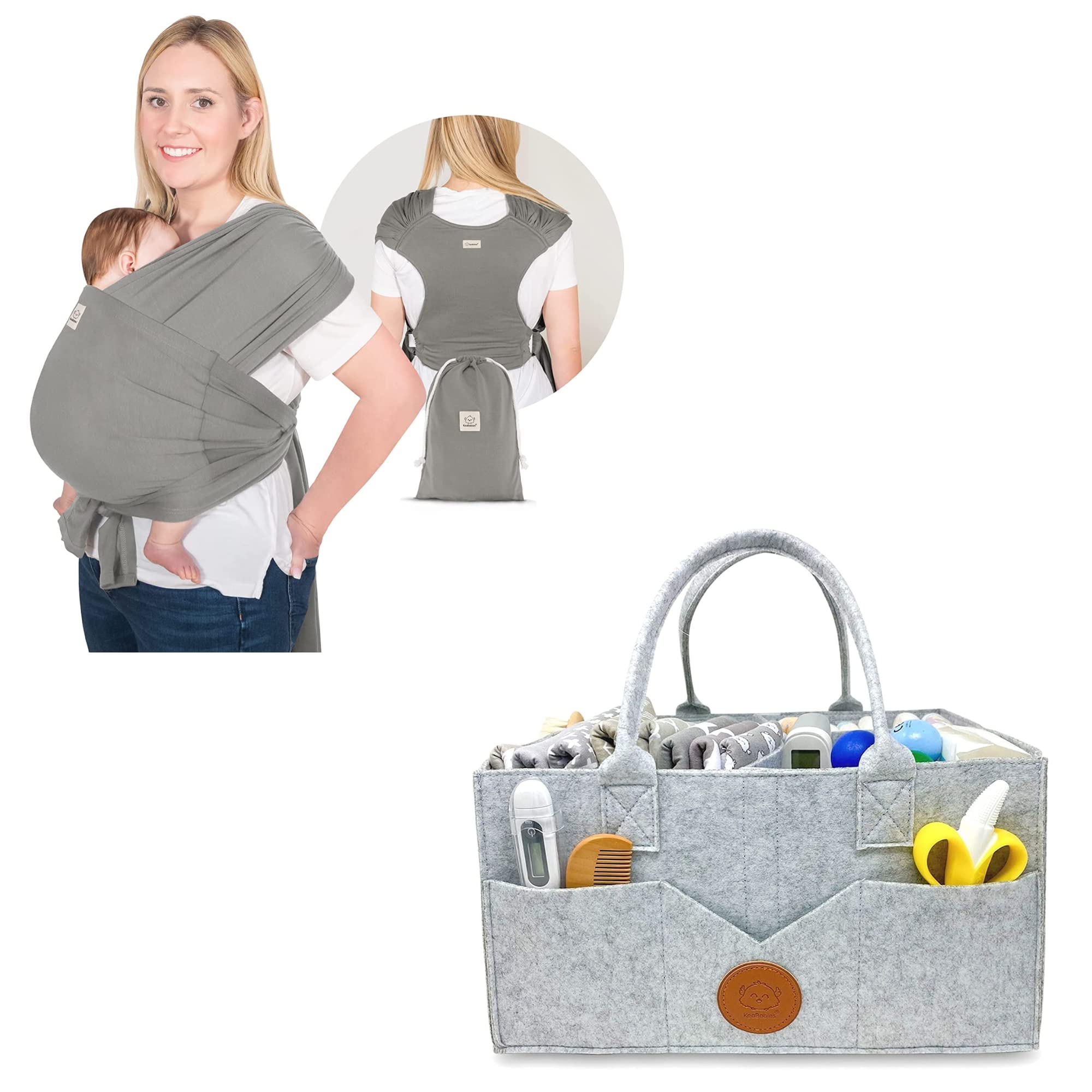 KeaBabies Baby Wrap Carrier & Diaper Caddy Organizer - Adjustable Infant Sling, Large Diaper Organizer for Changing Table - Soft & Breathable for Newborn to Toddler - Perfect for Home, Travel & On-the-Go Parenting