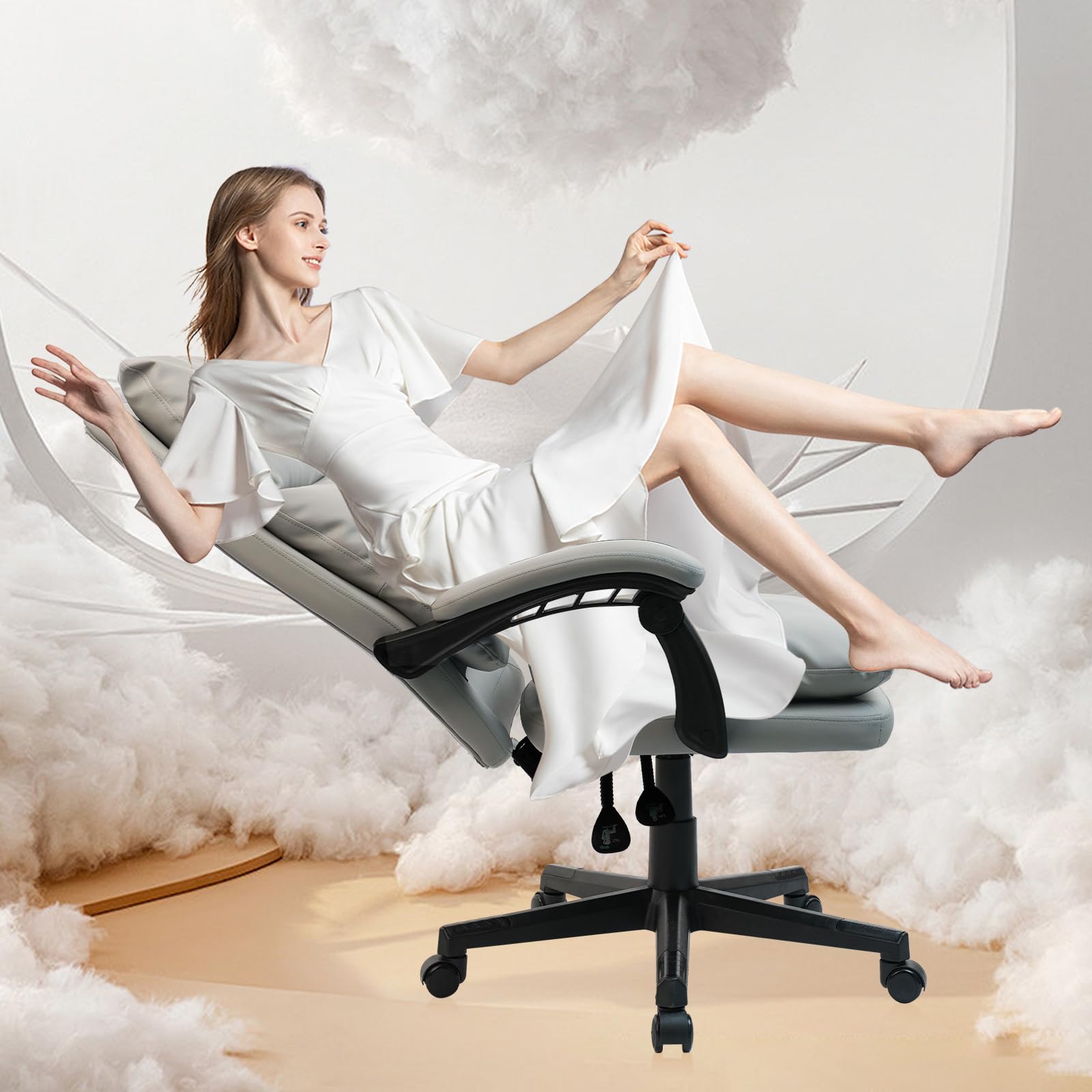 CLATINA Ergonomic Reclining Office Chair - Big and Tall High Back Executive Leather Desk Chair with Lumbar Support, Wide Seat Computer Task Chair for Home & Office (Grey, 2-Pack) - Perfect for Long Work Hours & Gaming Sessions