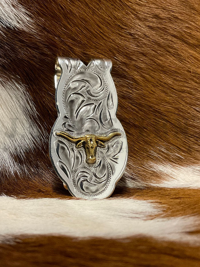 Fashionwest MC 01P Long Horn Western Money Clip - Gold & Silver Plated Cowboy Style Bill Holder for Men - Perfect for Gifts, Weddings, and Western Themed Events