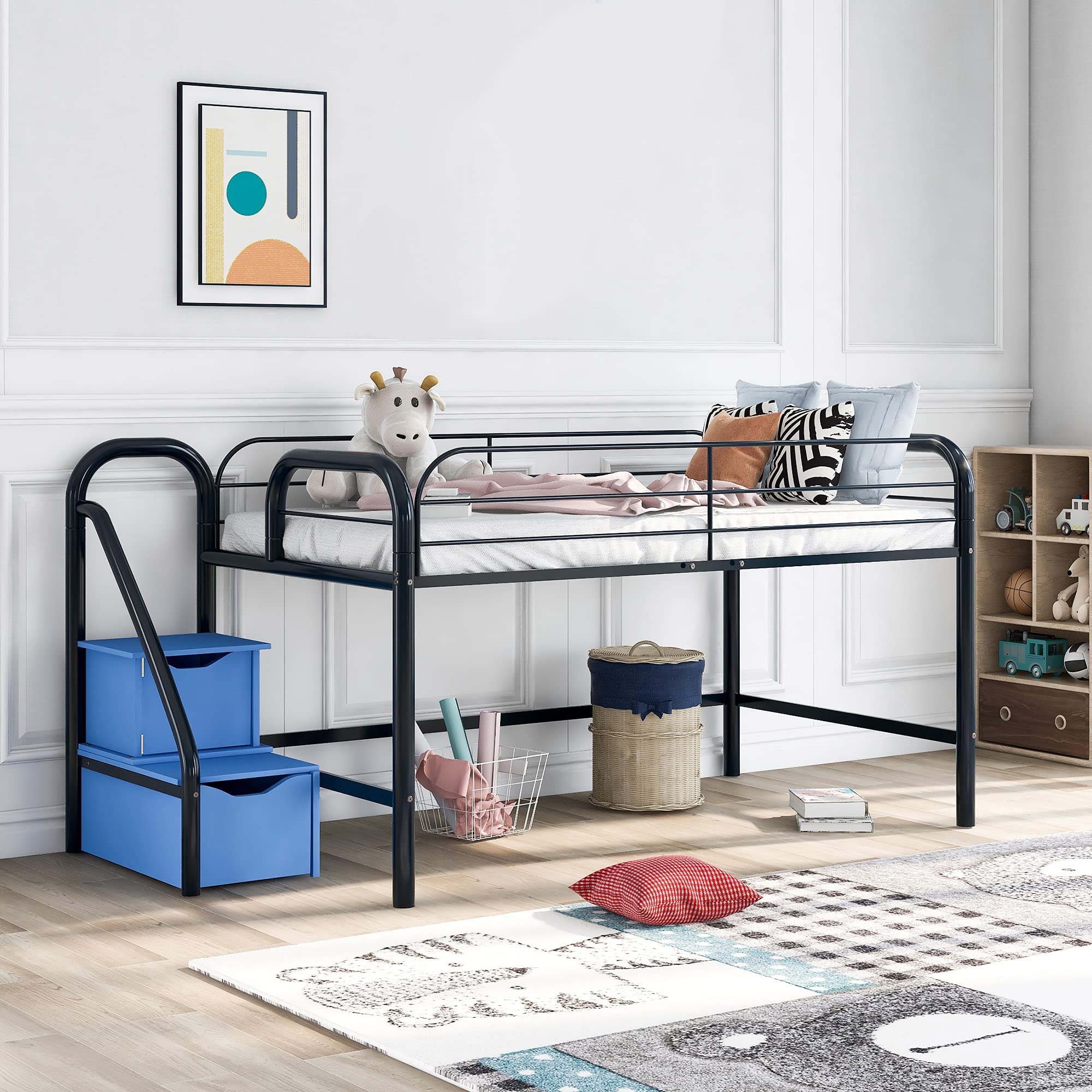 Twin Size Low Loft Bed for Kids - Sturdy Metal Frame with 2 Storage Steps & Full-Length Safety Rail | Space-Saving Design, No Box Spring Needed (Blue) | Perfect for Small Bedrooms, Dorms & Kids' Rooms