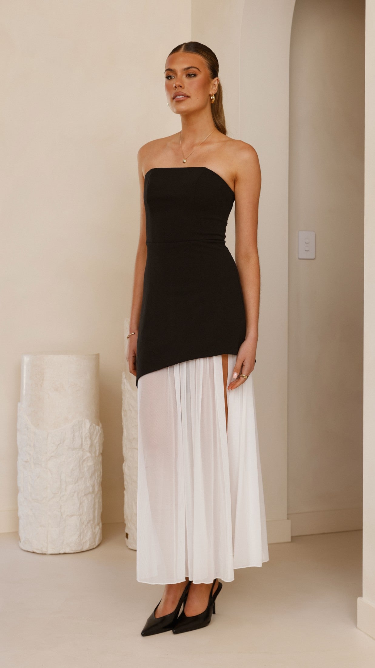 Fenella Asymmetrical Maxi Dress for Women - Elegant Black & White Long Evening Gown for Party, Wedding, and Special Occasions