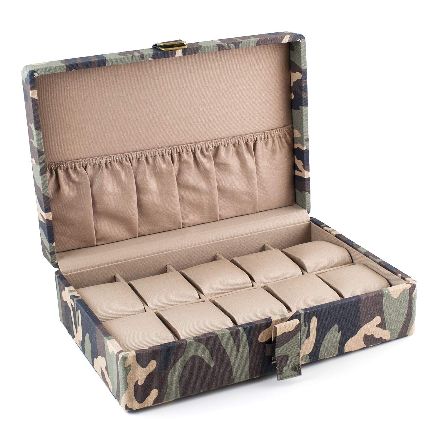Premium Camo Watch Box with Double D Buckle - Holds 10 Watches & Tan Soft Interior - Perfect for Watch Collectors, Travel & Gift Giving