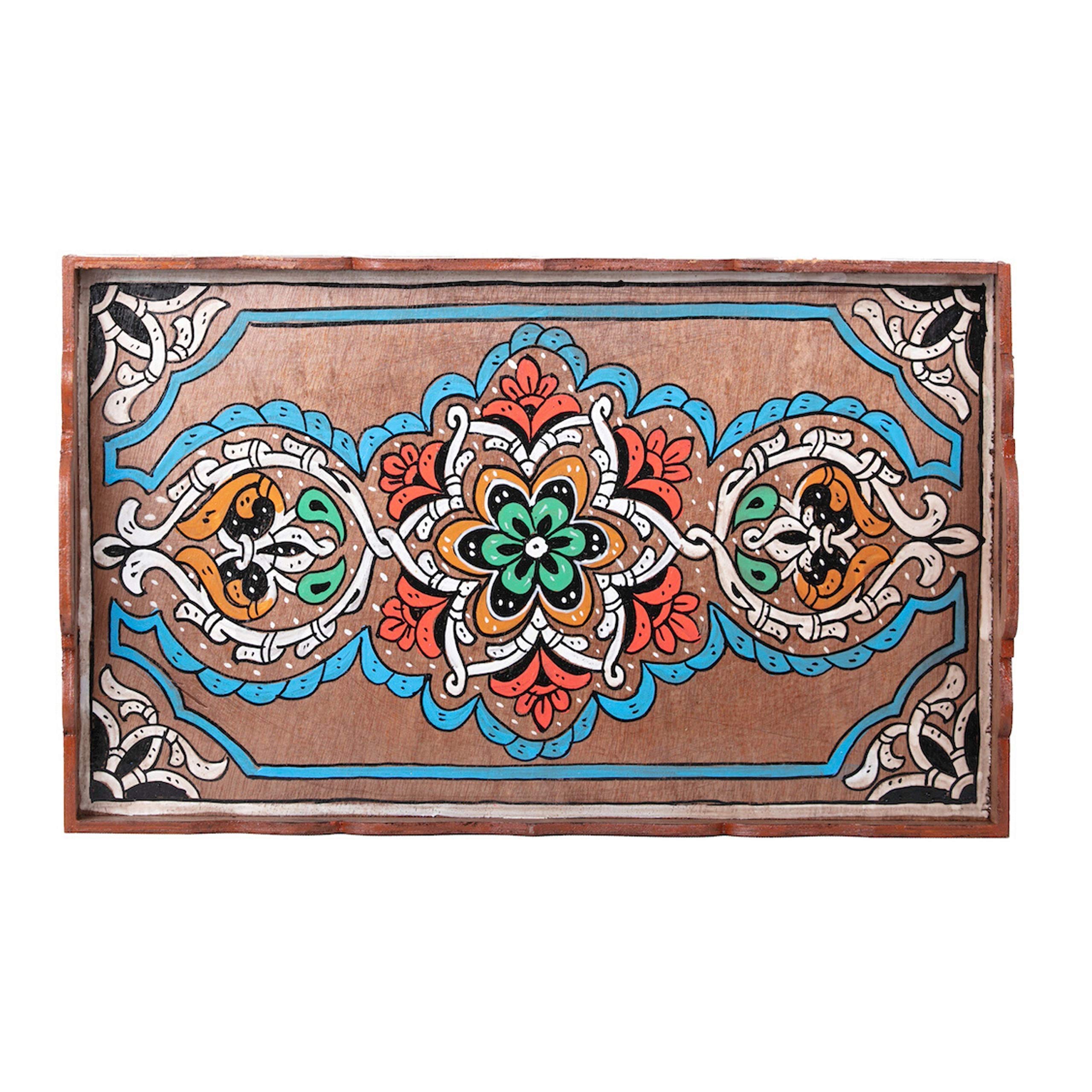 Hand Painted Moroccan White Decorative Serving Tray - Waterproof Acrylic Painting Bohemian Arabesque Home Decor (Yellow) | Perfect for Coffee Table Display, Gift Giving & Boho Chic Home Styling