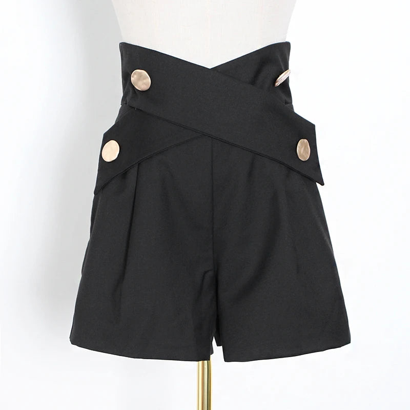 Women's High Waist Black Patchwork Metal Button Shorts - Casual Summer Fashion Shorts for Women | Perfect for Beach Outings, Streetwear & Vacation Outfits