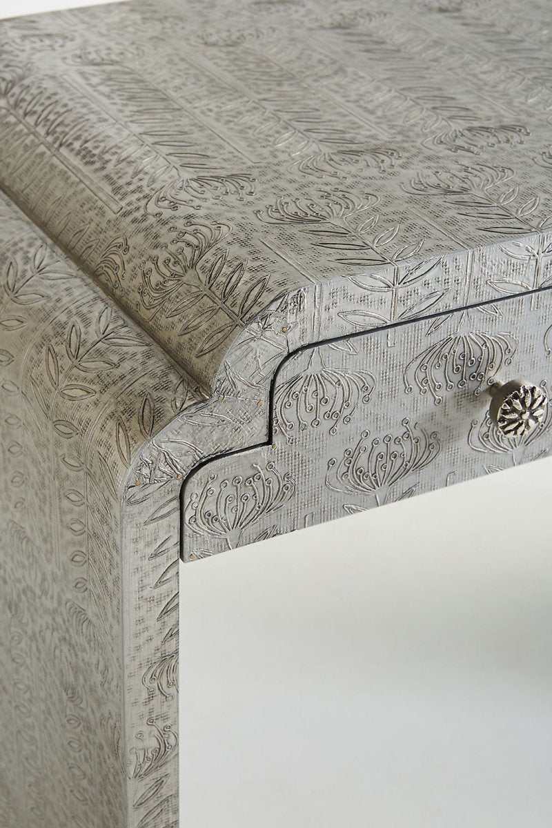 Hand Embossed Lotus Console Table with Storage - Elegant Entryway Table for Hallway, Living Room & Foyer Decor | Solid Wood Sofa Table with Drawers & Shelf
