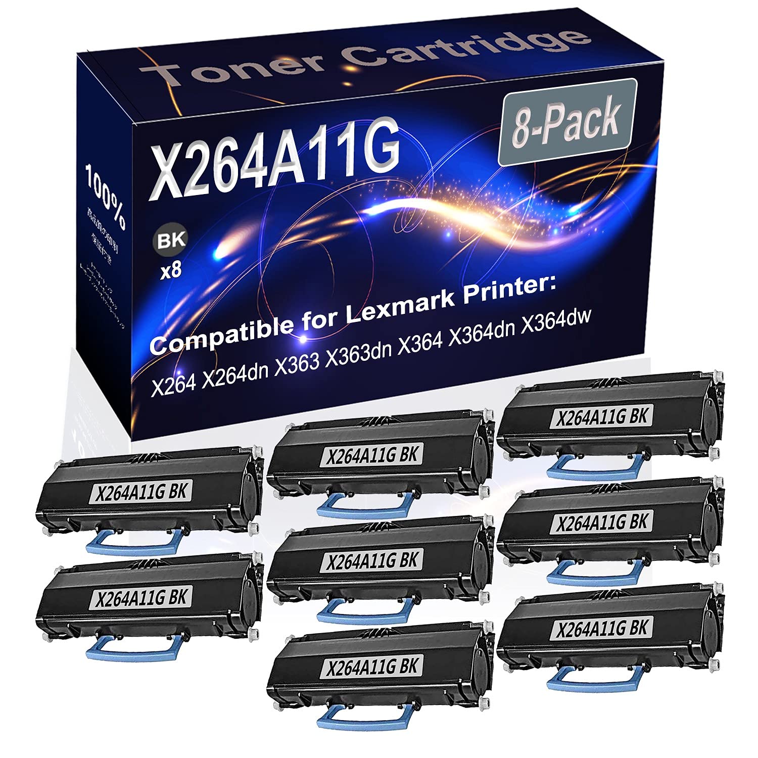 High Capacity 8-Pack Black Laser Printer Cartridge - Compatible with X264/X264dn/X363/X363dn/X364/X364dn/X364dw - Replacement for X264A11G - Perfect for Office & Home Printing Needs