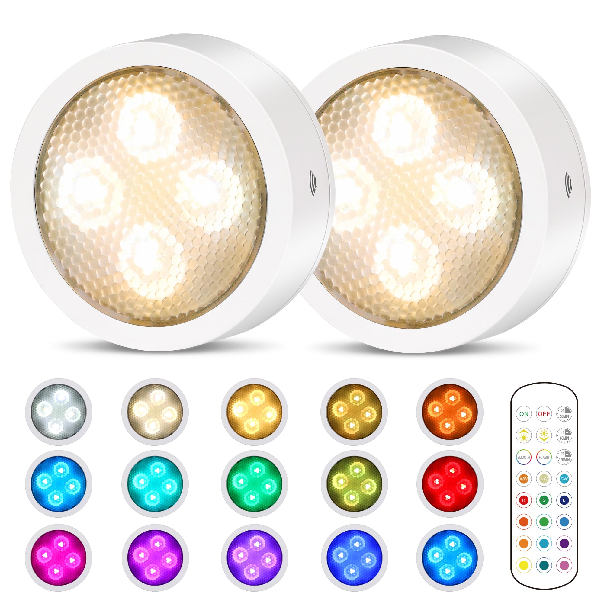 Wireless LED Puck Lights with Remote Control - Battery Operated Under Cabinet Lighting, Stick-On Push Lights, Color Changing for Kitchen, Shelf, Closet (2 Pack, White) - Perfect for Nighttime Kitchen Tasks, Pantry Organization & Bedroom Ambience