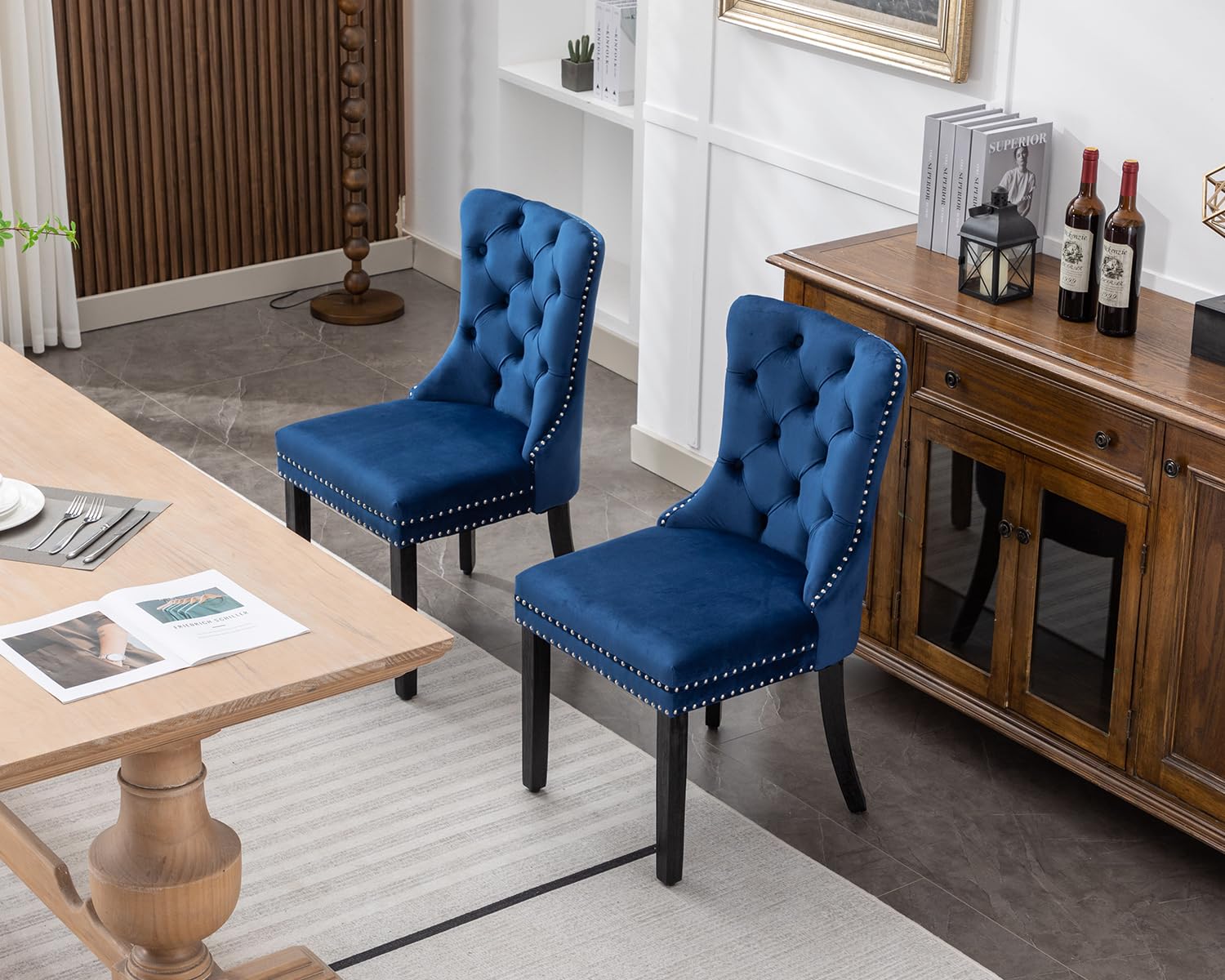 KCC Velvet Dining Chairs Set of 2 - Upholstered High-End Tufted Chairs with Nailhead Trim & Solid Wood Legs, Modern Nikki Collection in Blue | Perfect for Kitchen, Dining Room & Home Decor