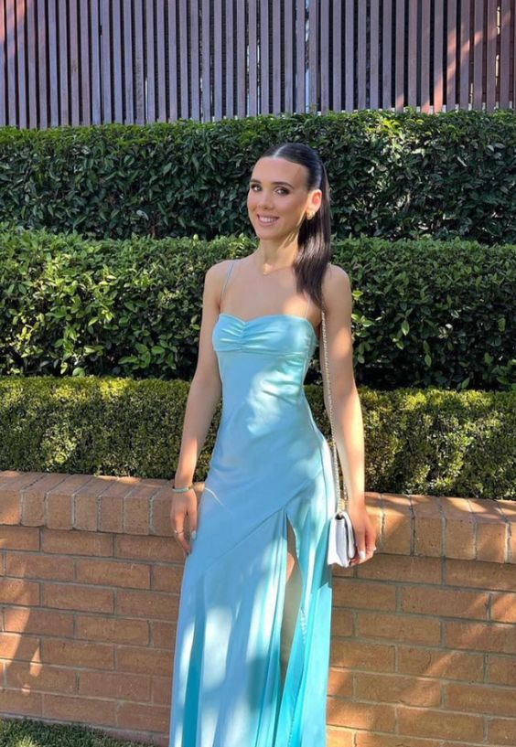 Elegant A-Line Blue Long Prom Dress with High Slit - Formal Evening Gown for Homecoming, Ball & Special Occasions - Style J4326