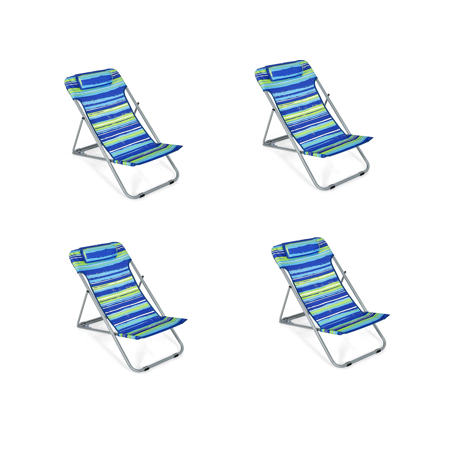 GYMAX 2-Pack Adjustable Beach Chairs for Adults - Portable Reclining Lounge Chairs with 3-Level Backrest & Removable Pillow - Lightweight Folding Camping Chairs for Beach, Poolside, Patio, Lawn, Fishing & Outdoor Relaxation (Blue) - Perfect for Summer Vacations, Backyard Lounging & Travel Adventures