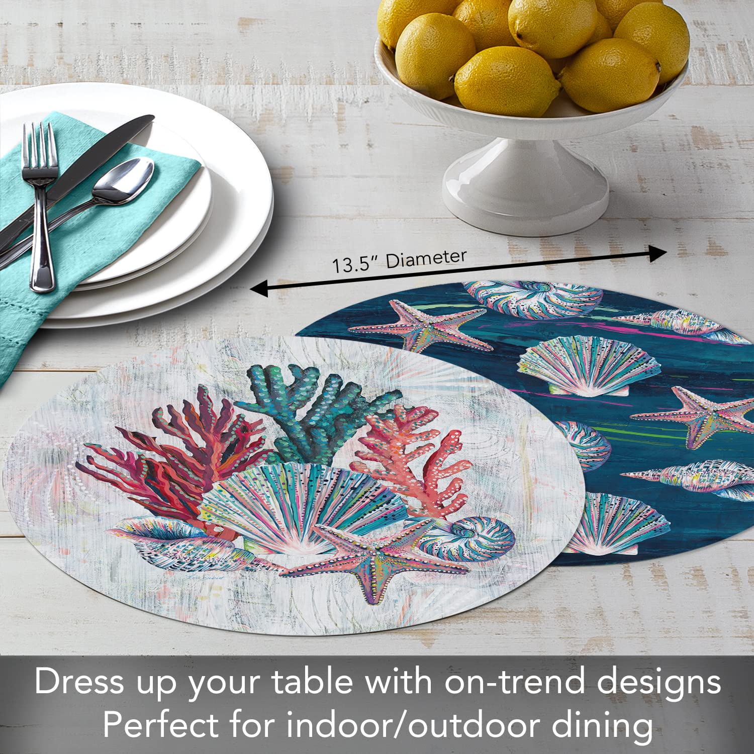 CounterArt Jewels of The Sea 4-Pack Round Reversible Plastic Placemats – Easy Care, Flexible & Wipe Clean – Made in USA – Perfect for Dining Tables, Kitchens & Outdoor Entertaining